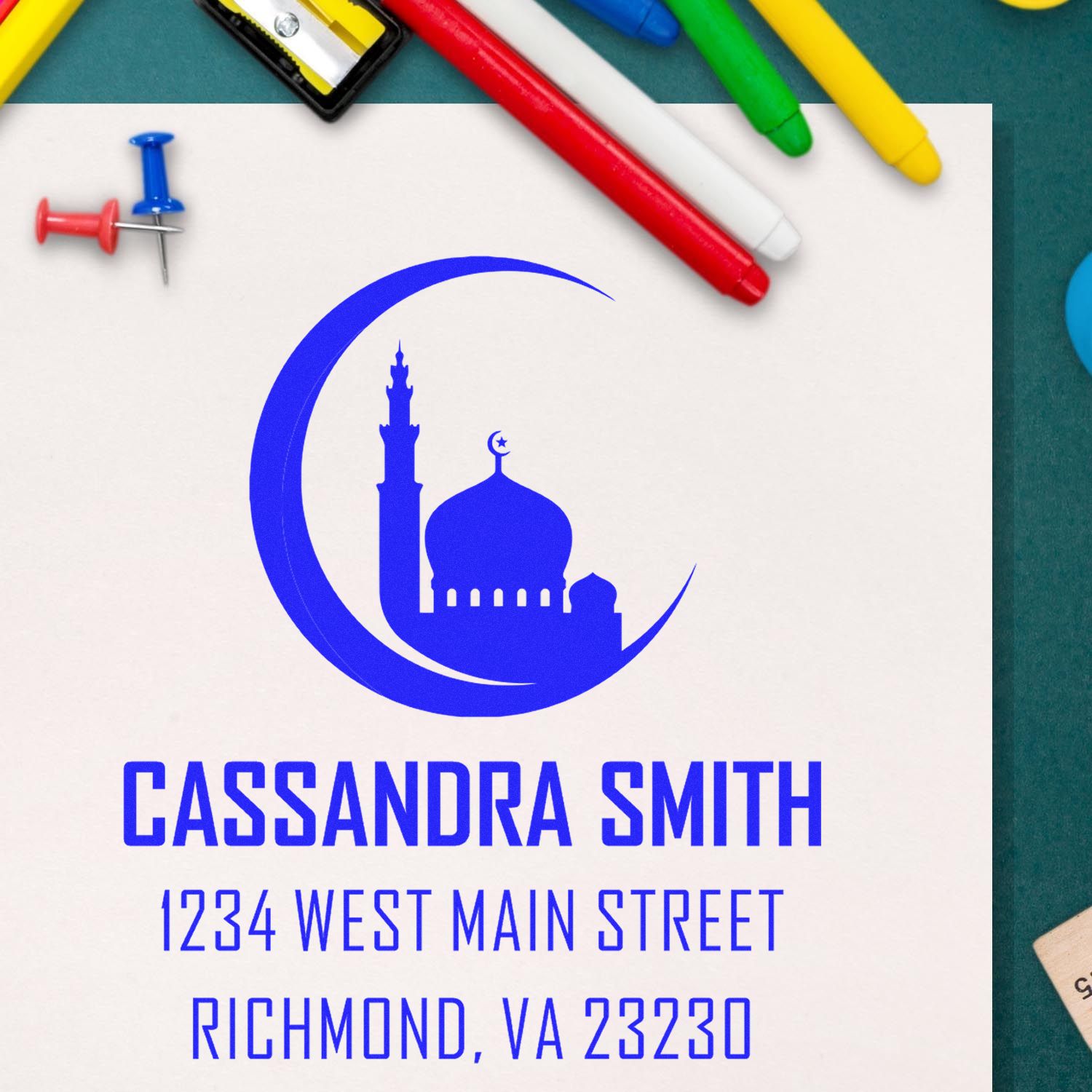 Personalized rubber stamp design with mosque crescent logo, Cassondra Smith name, and Richmond, VA address.
