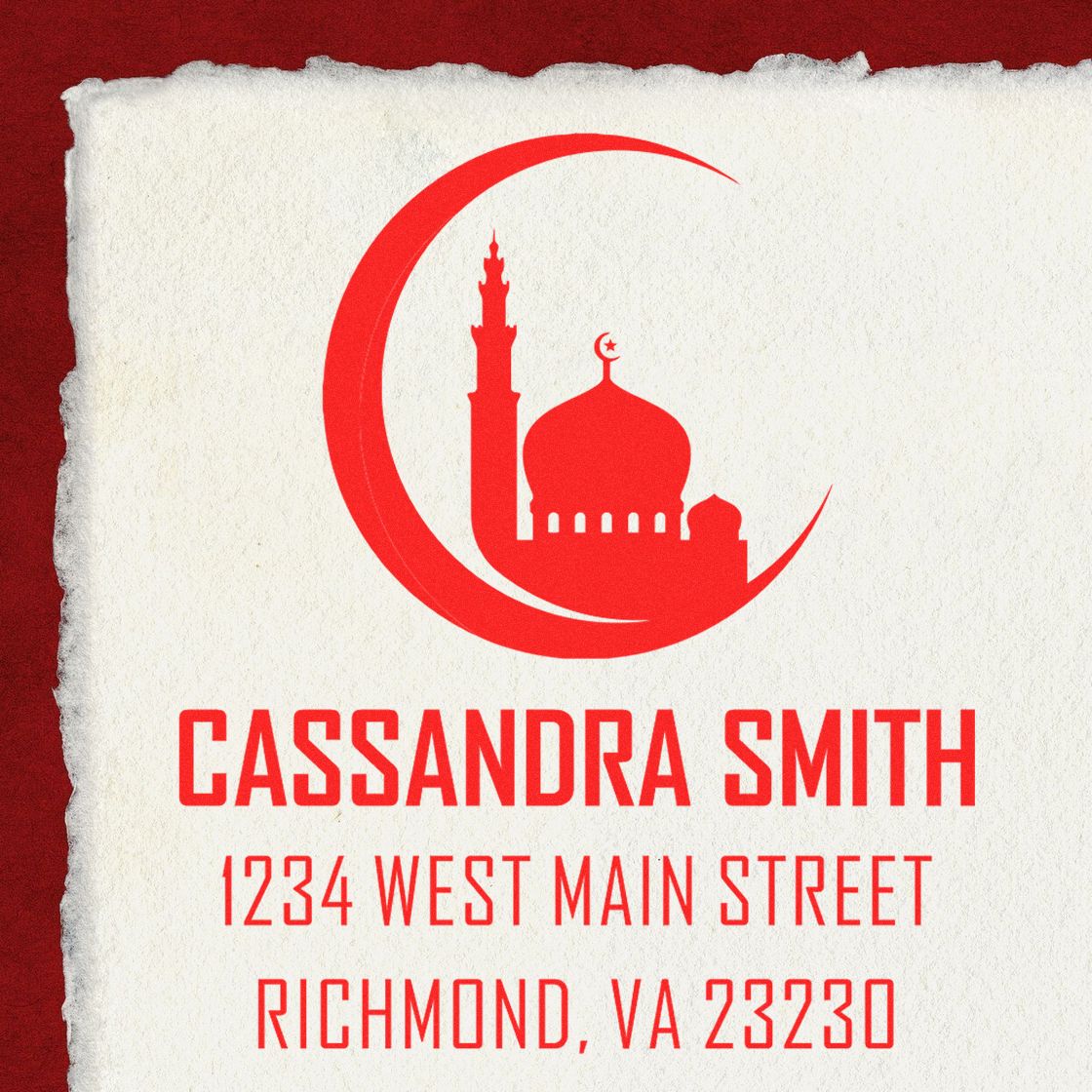 Custom return address rubber stamp for Cassandra Smith with mosque logo and Richmond, VA address.