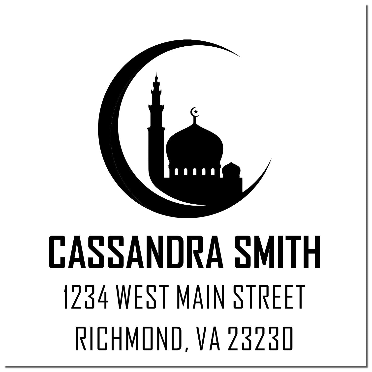 Custom rubber stamp design with mosque crescent logo, Cassandra Smith, 1234 West Main Street, Richmond, VA 23230