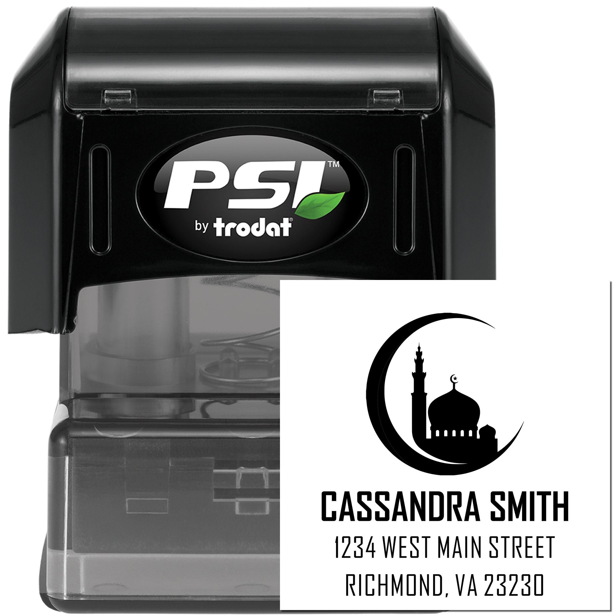 Custom self-inking PSI Trodat address rubber stamp with mosque logo for Cassandra Smith