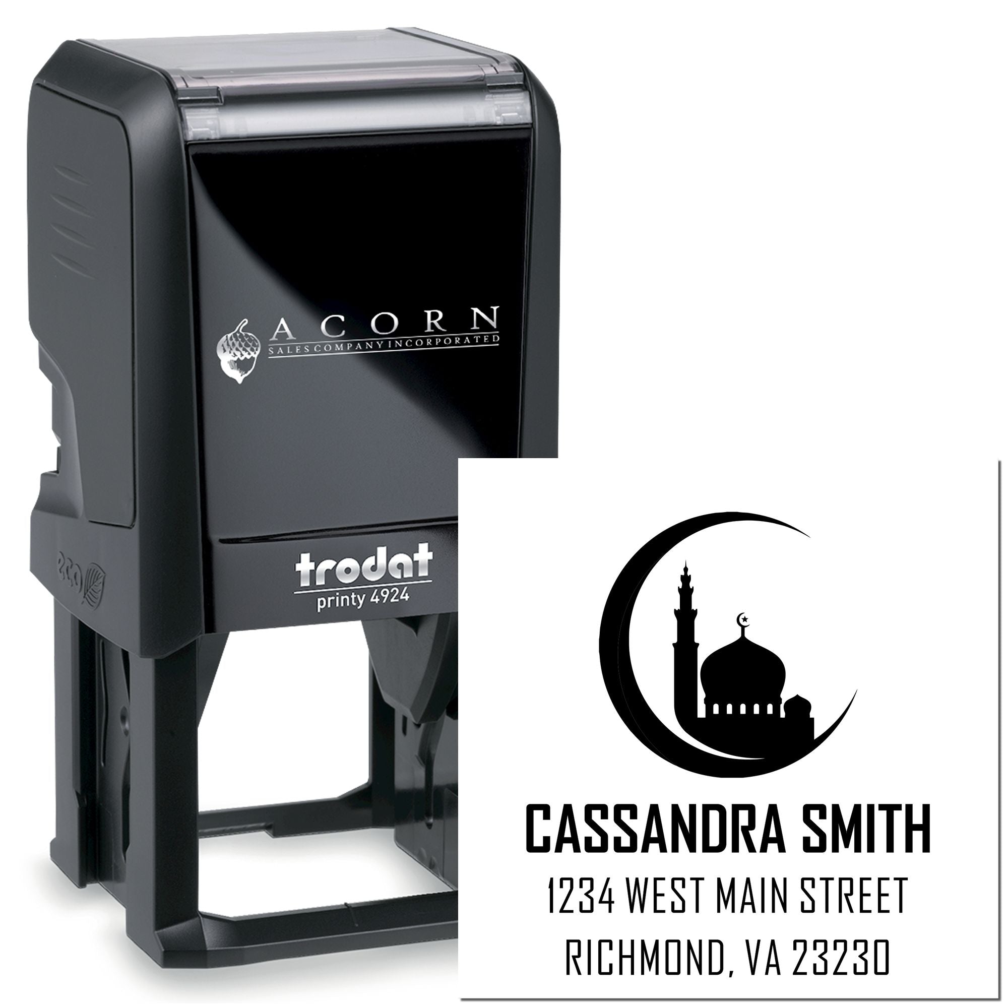 Custom self-inking rubber stamp with personalized name and address imprint, ideal for business and return mailing.