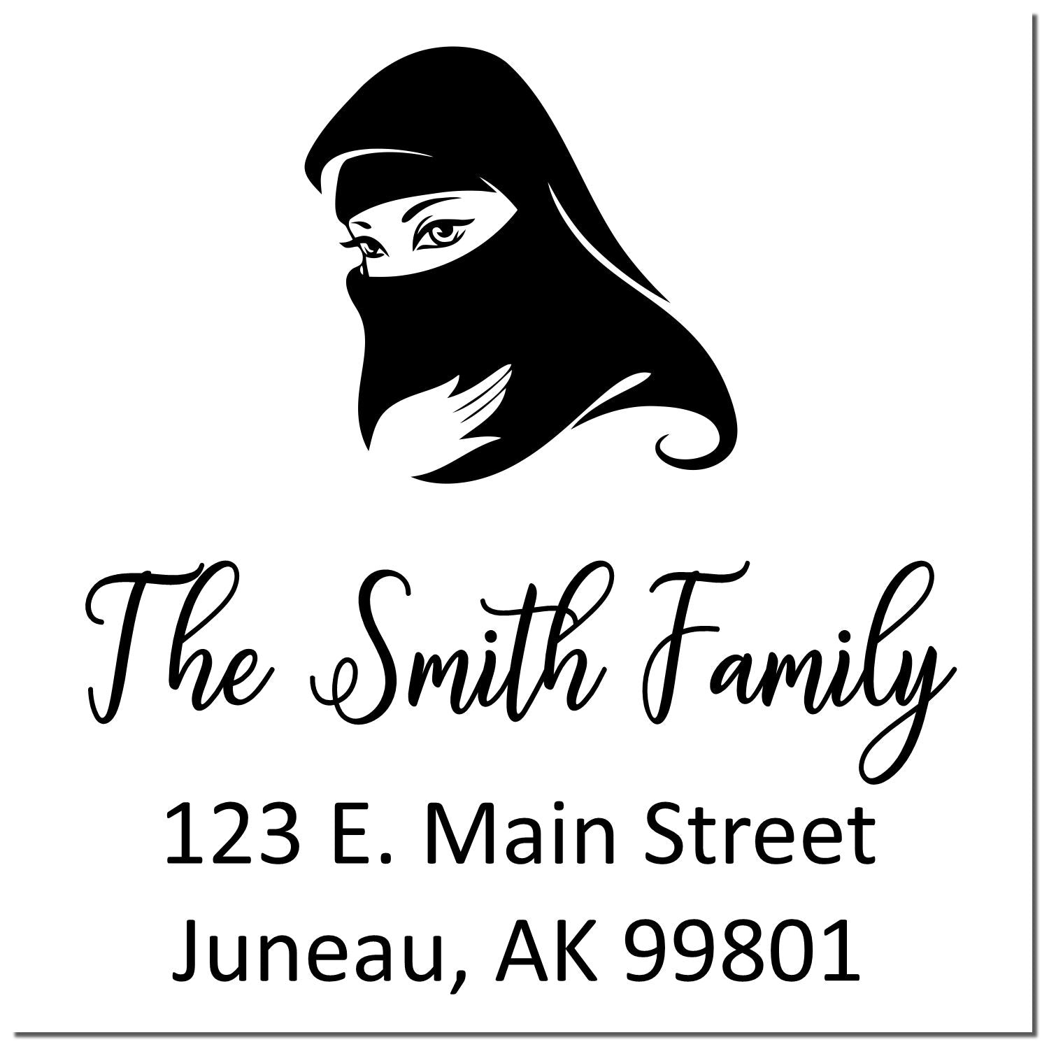 Custom rubber stamp with niqab woman icon and The Smith Family return address, 123 E. Main Street, Juneau, AK 99801.