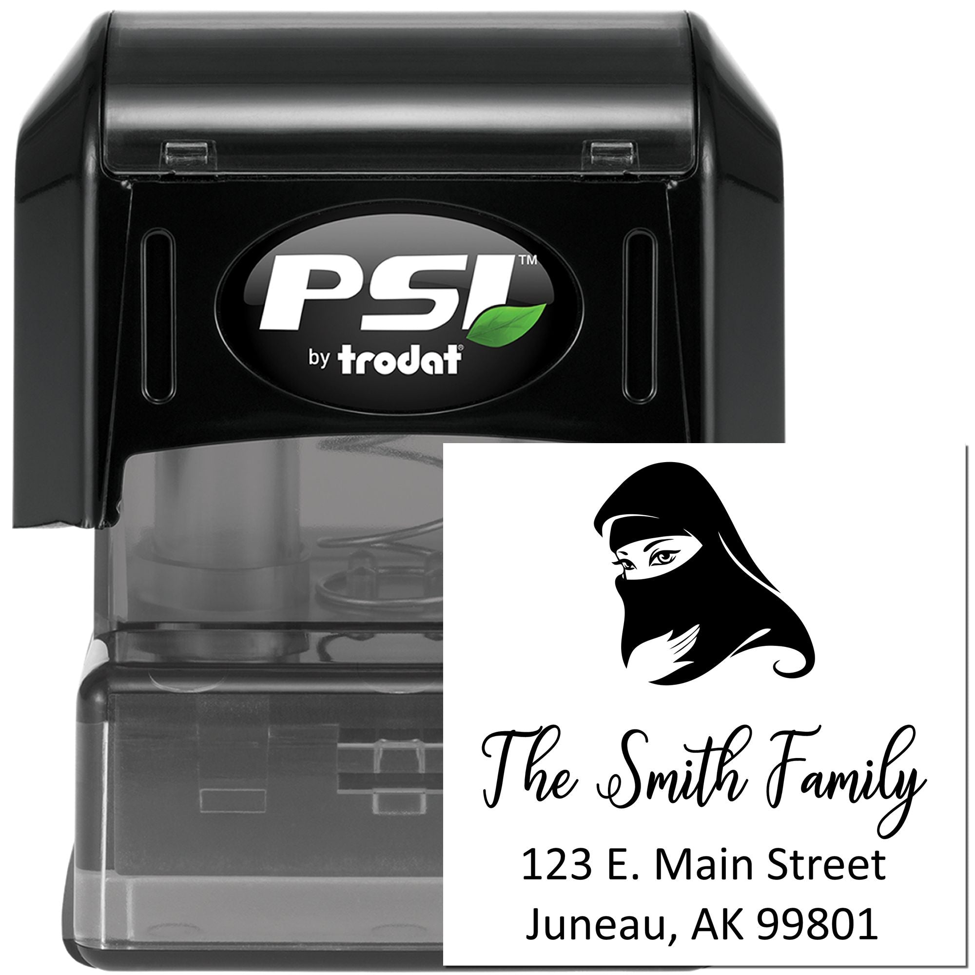 Custom self-inking rubber stamp by PSI Trodat featuring The Smith Family return address and silhouette logo.