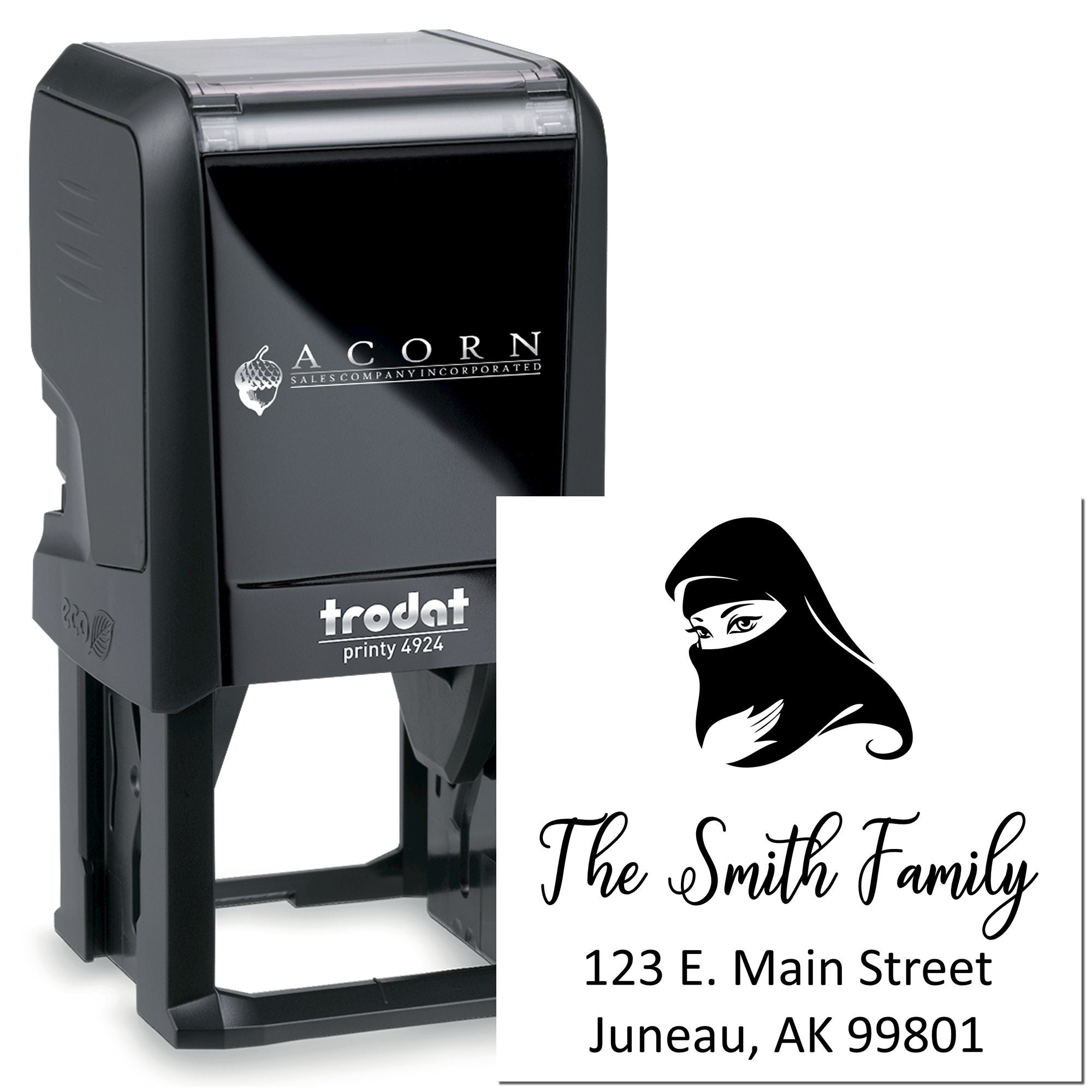 Custom self-inking return address rubber stamp, Trodat Printy 4924, featuring The Smith Family name, logo, and mailing address.