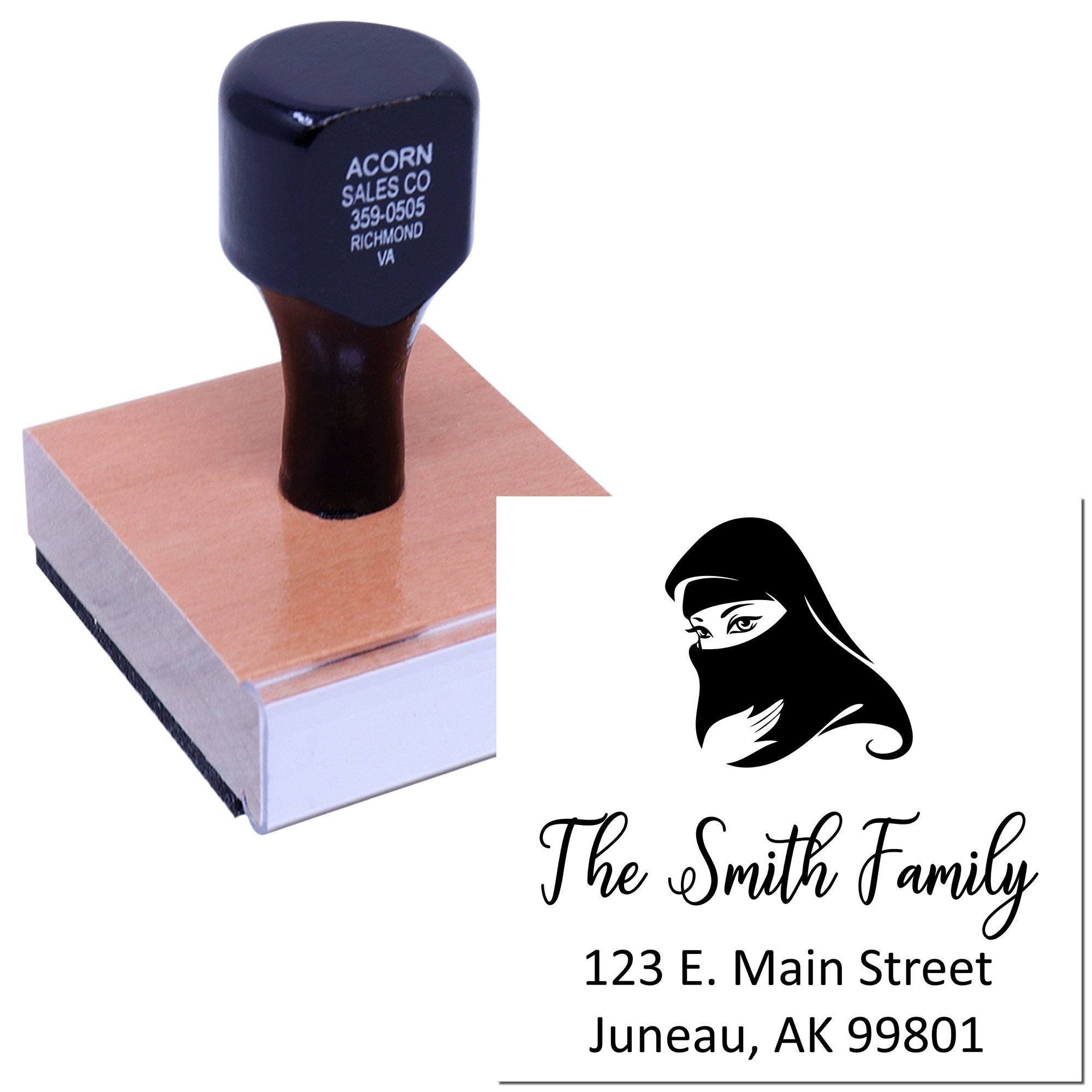 Custom rubber stamp for family return address with hijab logo, The Smith Family, and Juneau, AK mailing design.