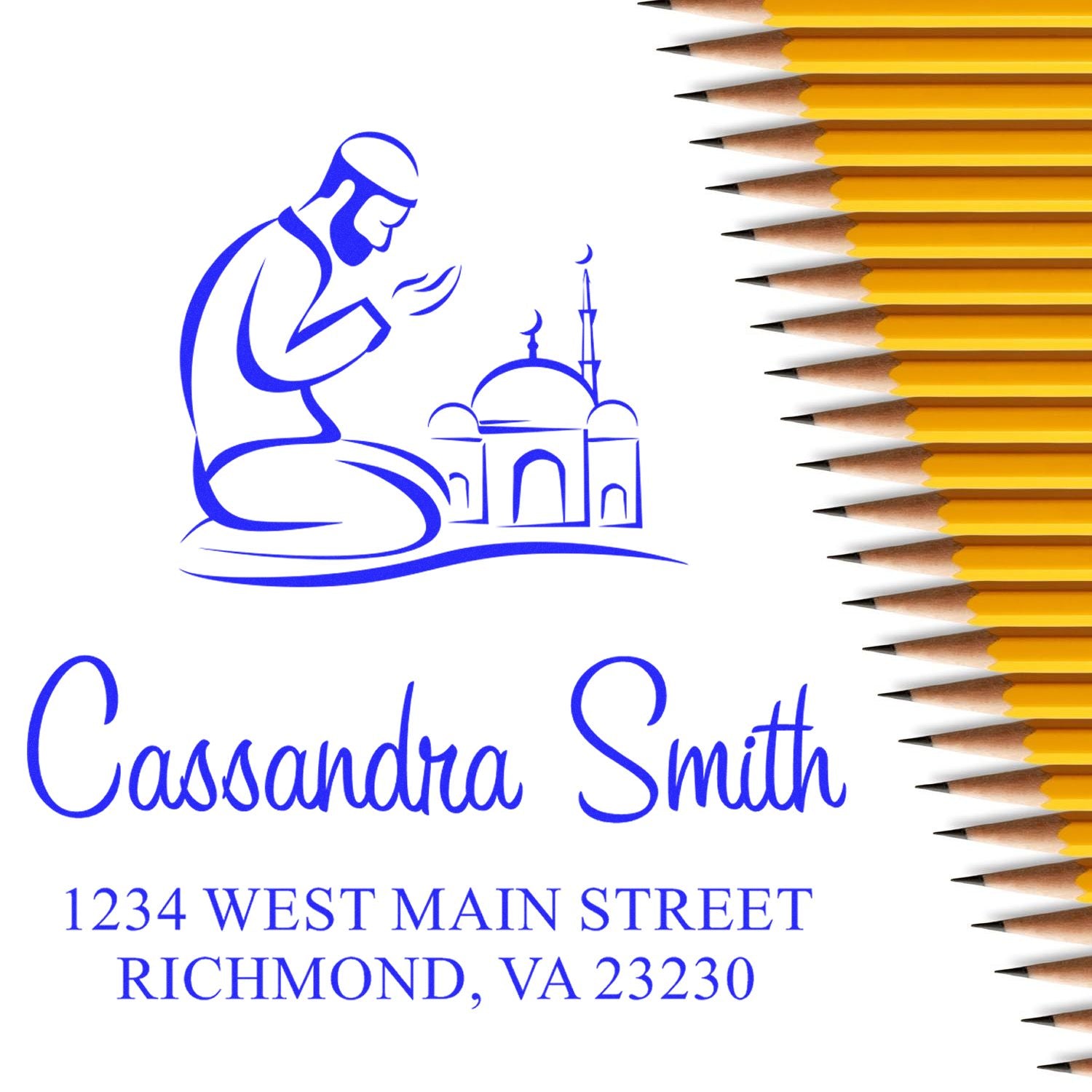 Custom rubber stamp design with prayer and mosque icon, Cassandra Smith name, and Richmond, VA address for mailing.