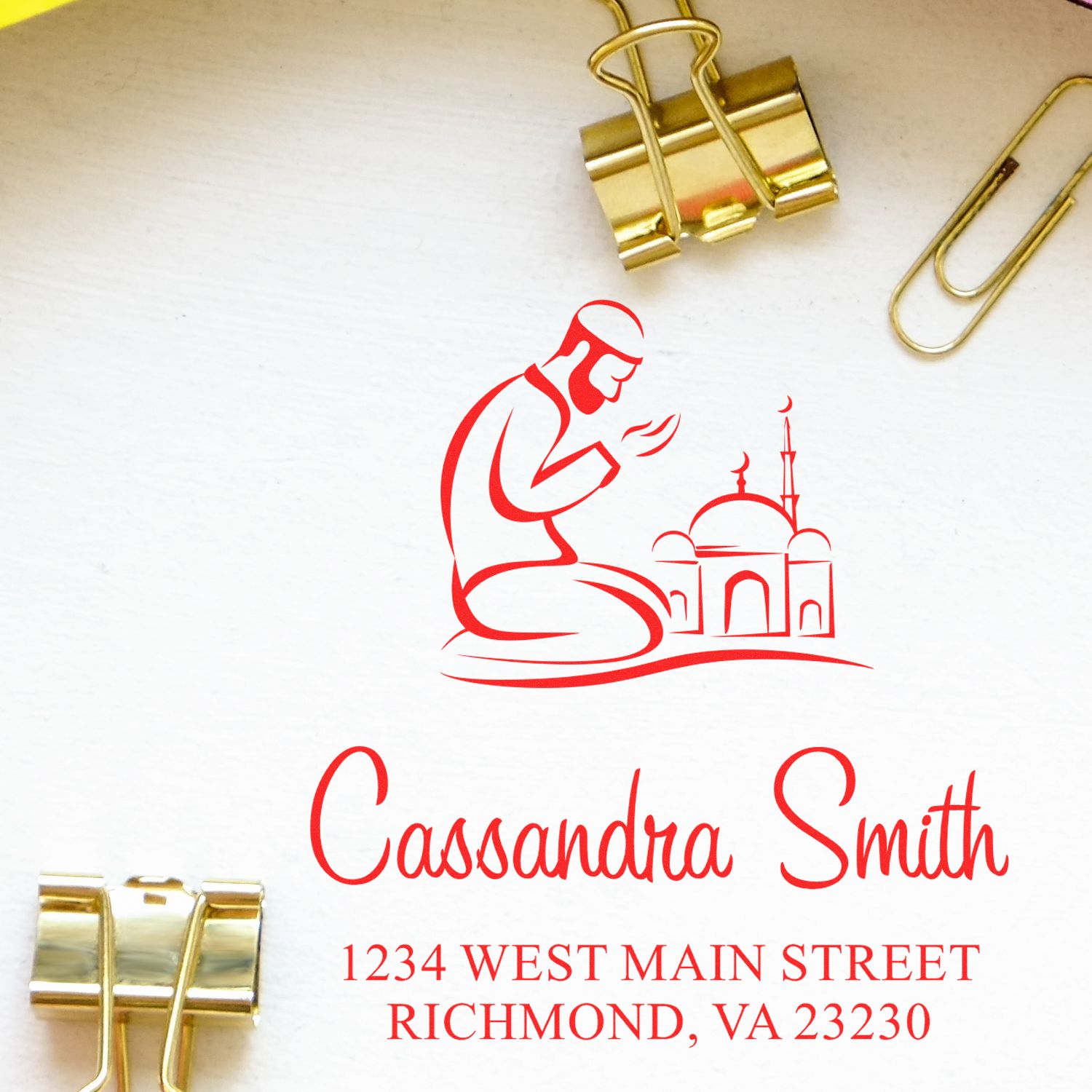 Personalized rubber stamp with Islamic prayer design and return address for Cassandra Smith, Richmond, VA 23230.