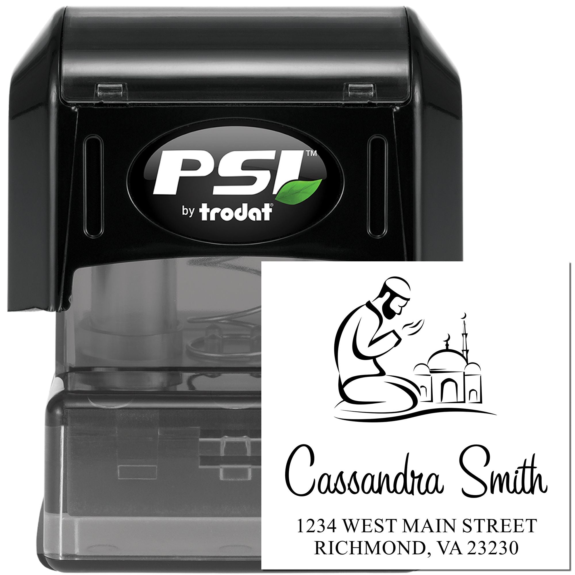 Custom self-inking rubber stamp with Islamic prayer design, name, and address for Cassandra Smith.