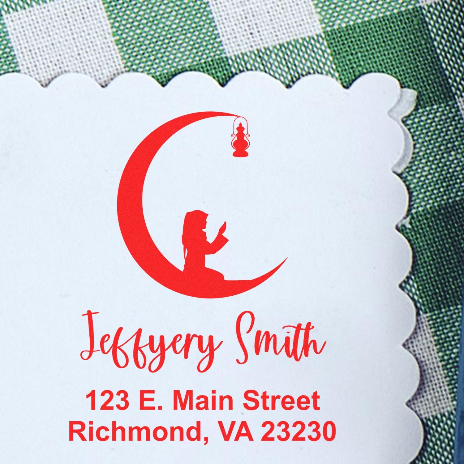 Personalized rubber stamp with crescent moon and prayer design for Jeffrey Smith, 123 E. Main Street, Richmond, VA 23230.