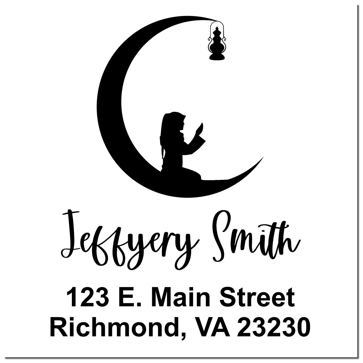 Custom rubber address stamp with crescent moon and praying girl silhouette for Jeffrey Smith, Richmond VA 23230.