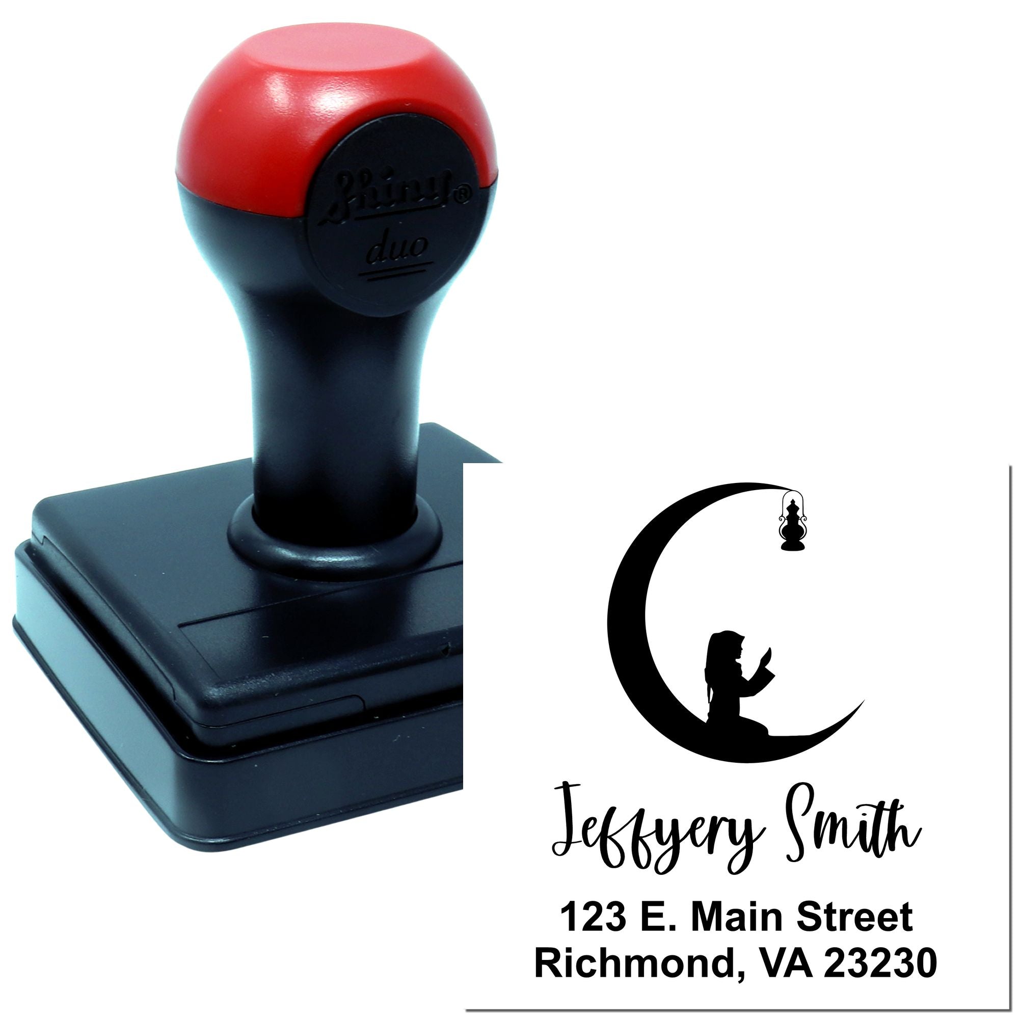 Custom self-inking rubber stamp with personalized address design and crescent moon logo for Jeffery Smith in Richmond, VA.