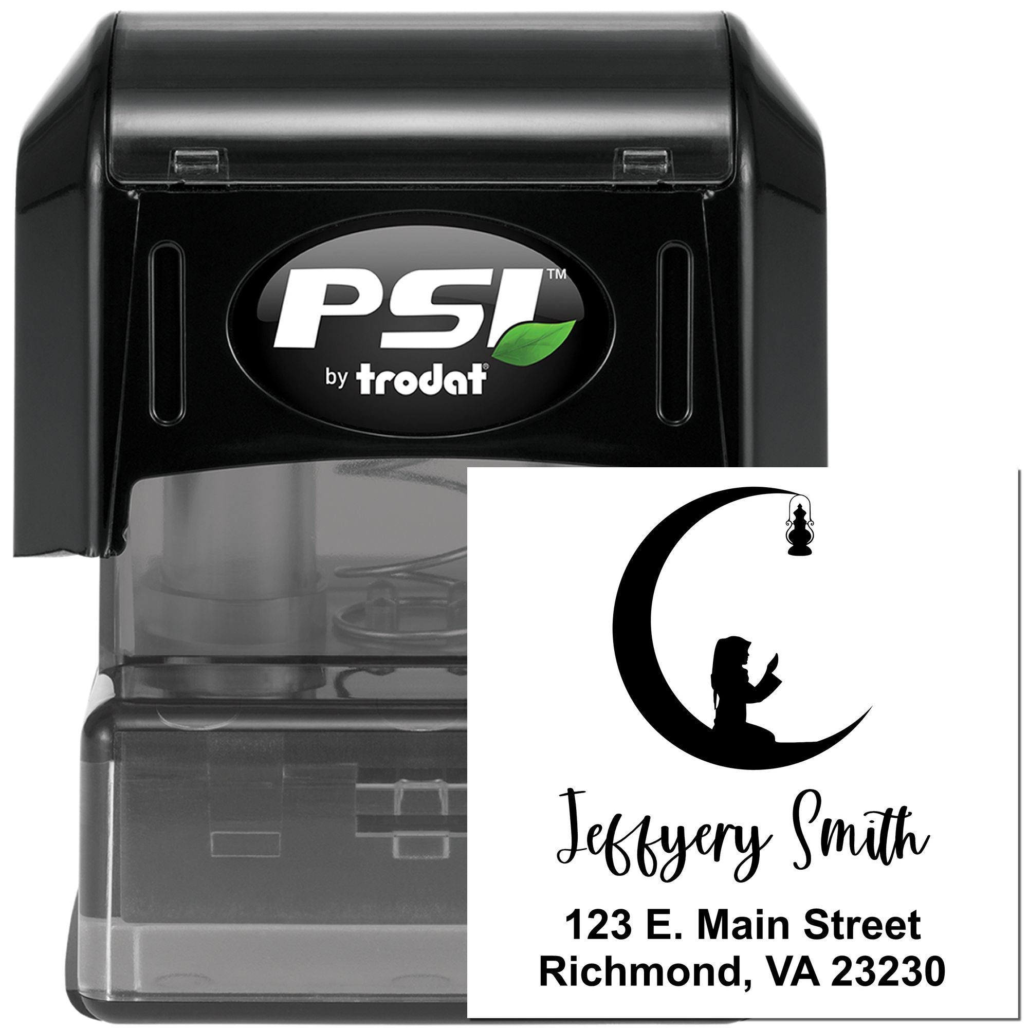 Custom PSI by Trodat self-inking rubber stamp with personalized crescent moon logo, name, and address for business use