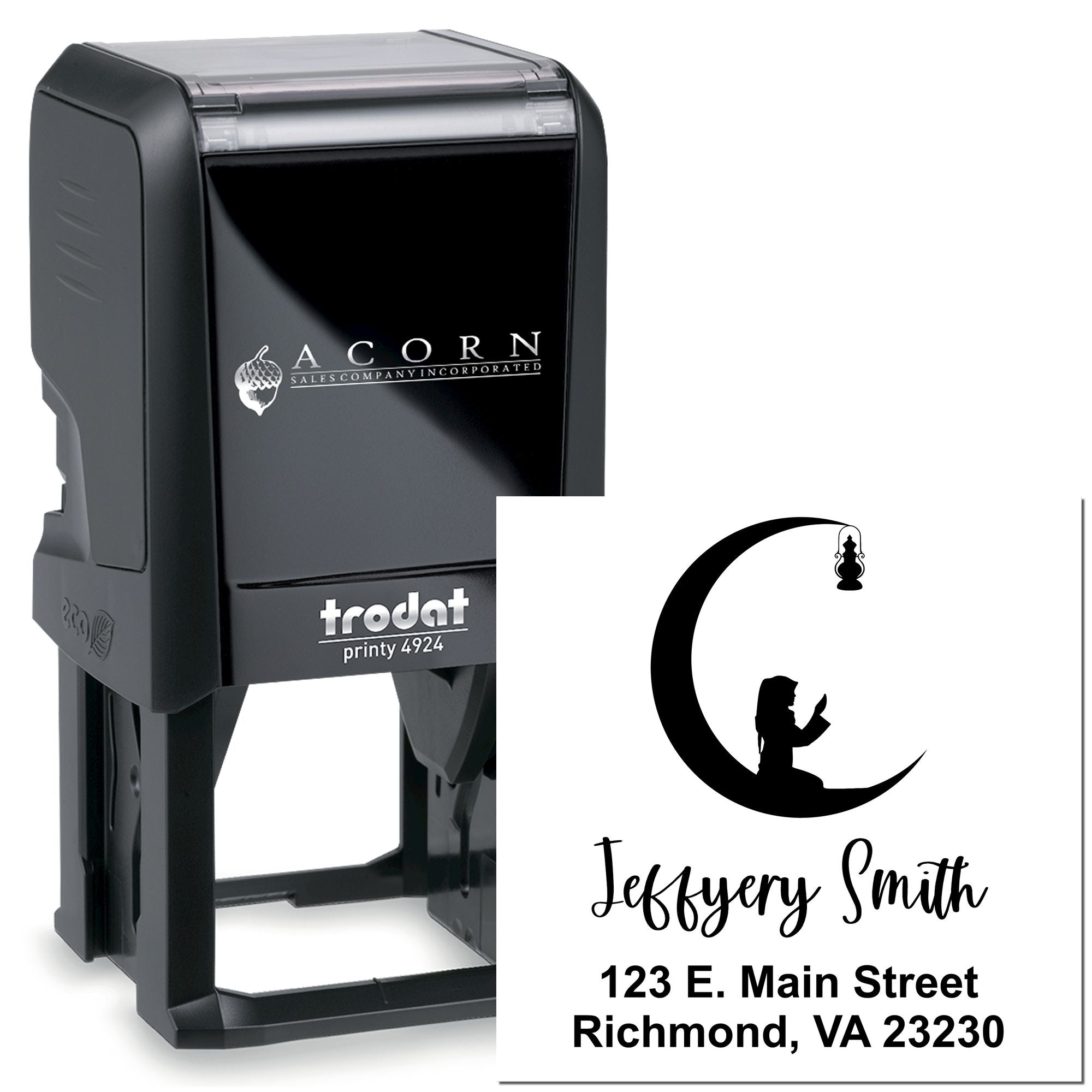 Custom self-inking rubber stamp, Trodat Printy 4924, with personalized name, address and moon logo for business branding.