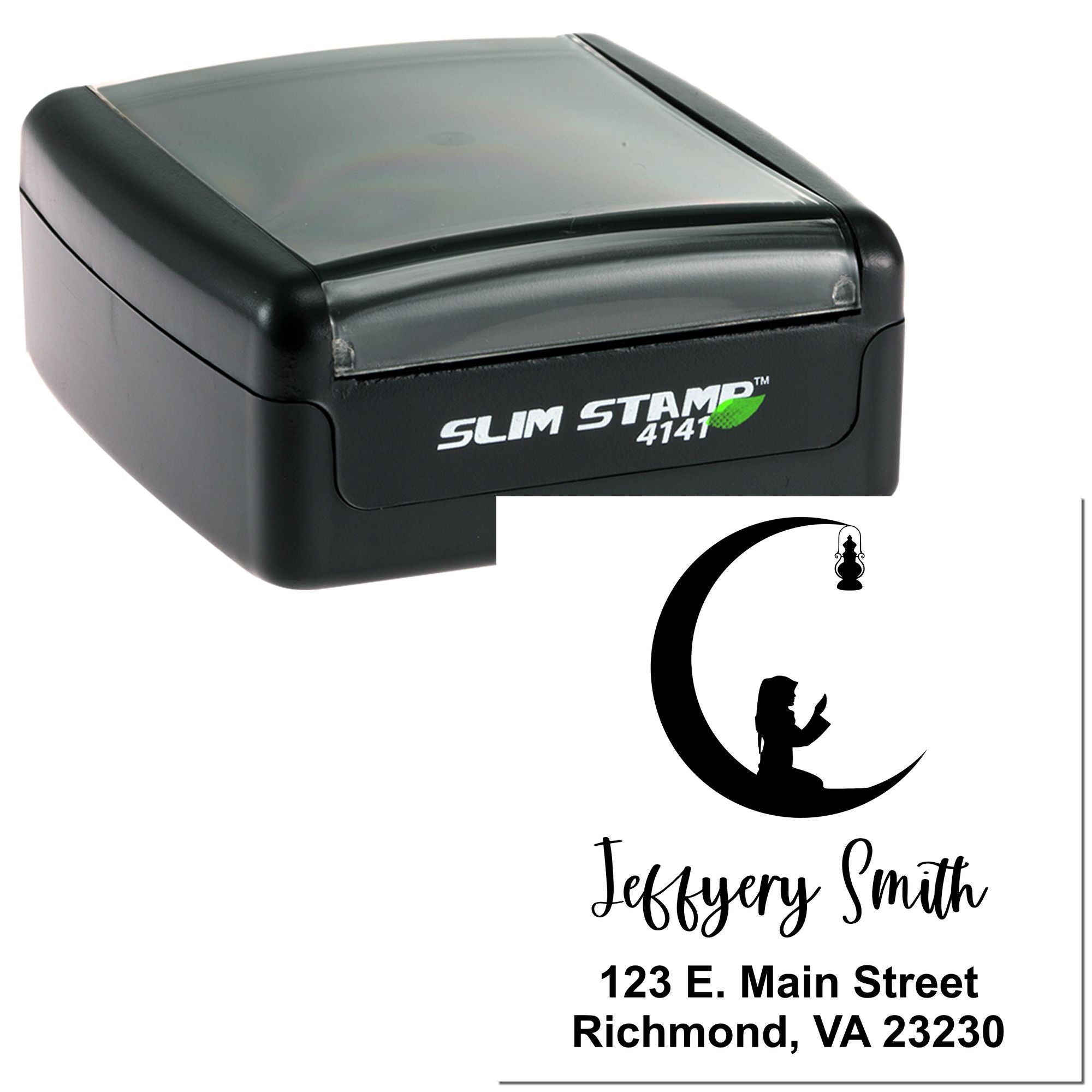 Slim Stamp 4141 self-inking rubber stamp with custom crescent moon logo, name, and address for personalized mailing.