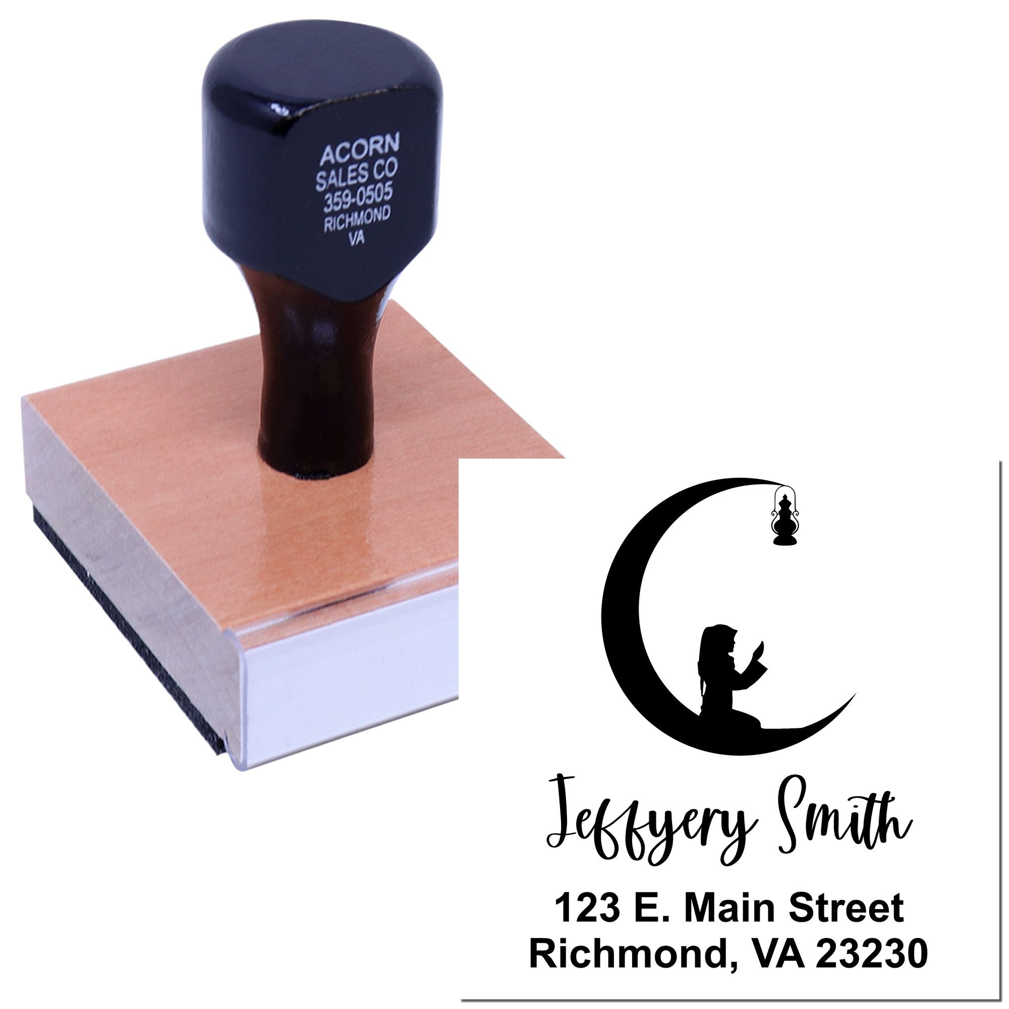 Custom address rubber stamp with logo for business branding and return mailings, shown with a sample imprint.
