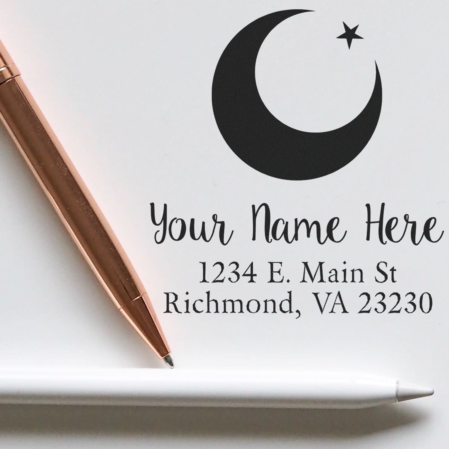 Custom rubber stamp with crescent moon and star for personalized return address labels and stationery.