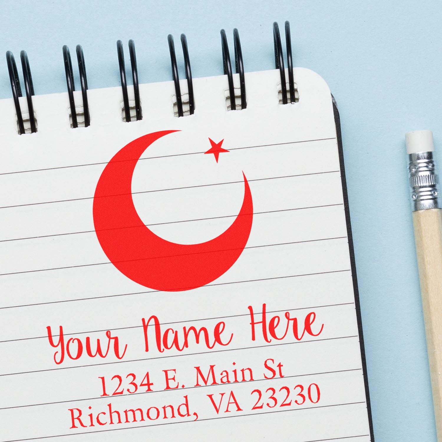 Custom rubber address stamp design with crescent moon logo, personalized name, and Richmond, VA address.