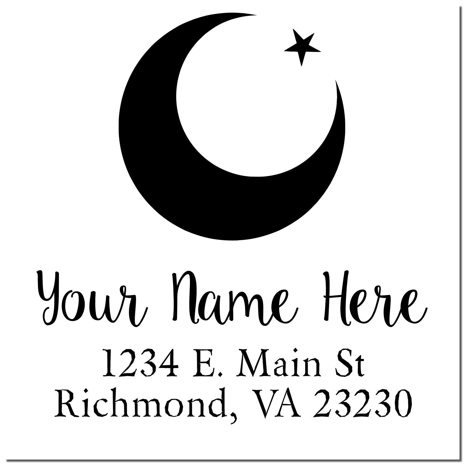 Custom return address rubber stamp with crescent moon and star, personalized name, and Richmond, VA address.