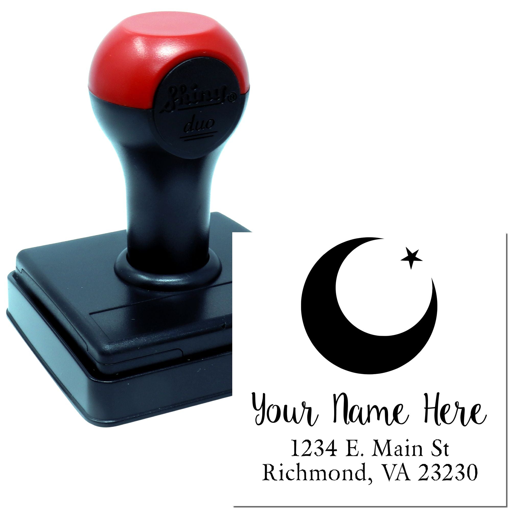 Custom self-inking rubber stamp with crescent moon and star logo, personalized name and address imprint.