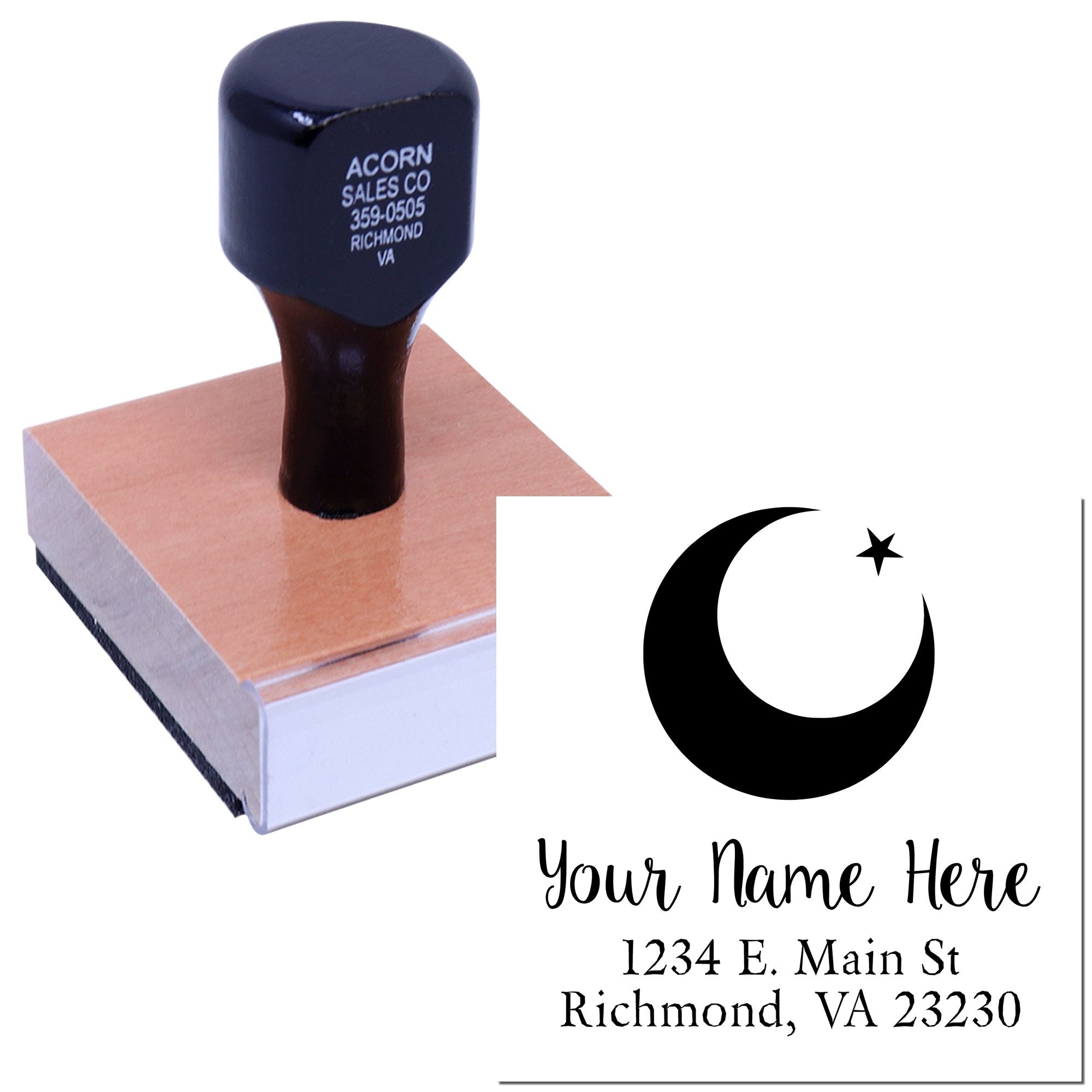 Custom rubber address stamp with crescent moon logo for personalized business branding and return address use.