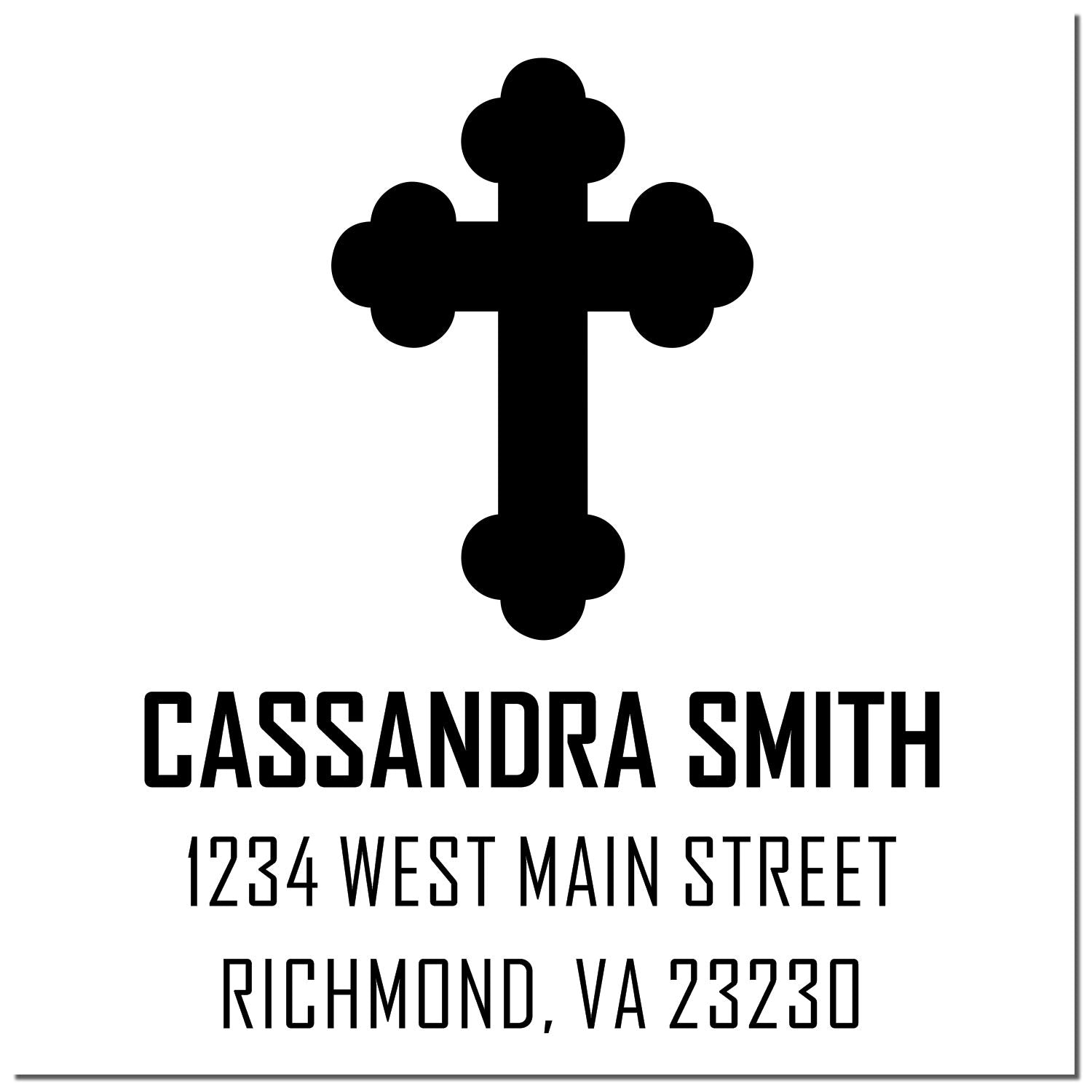 Custom Christian cross return address rubber stamp for Cassandra Smith, 1234 West Main Street, Richmond, VA 23230.