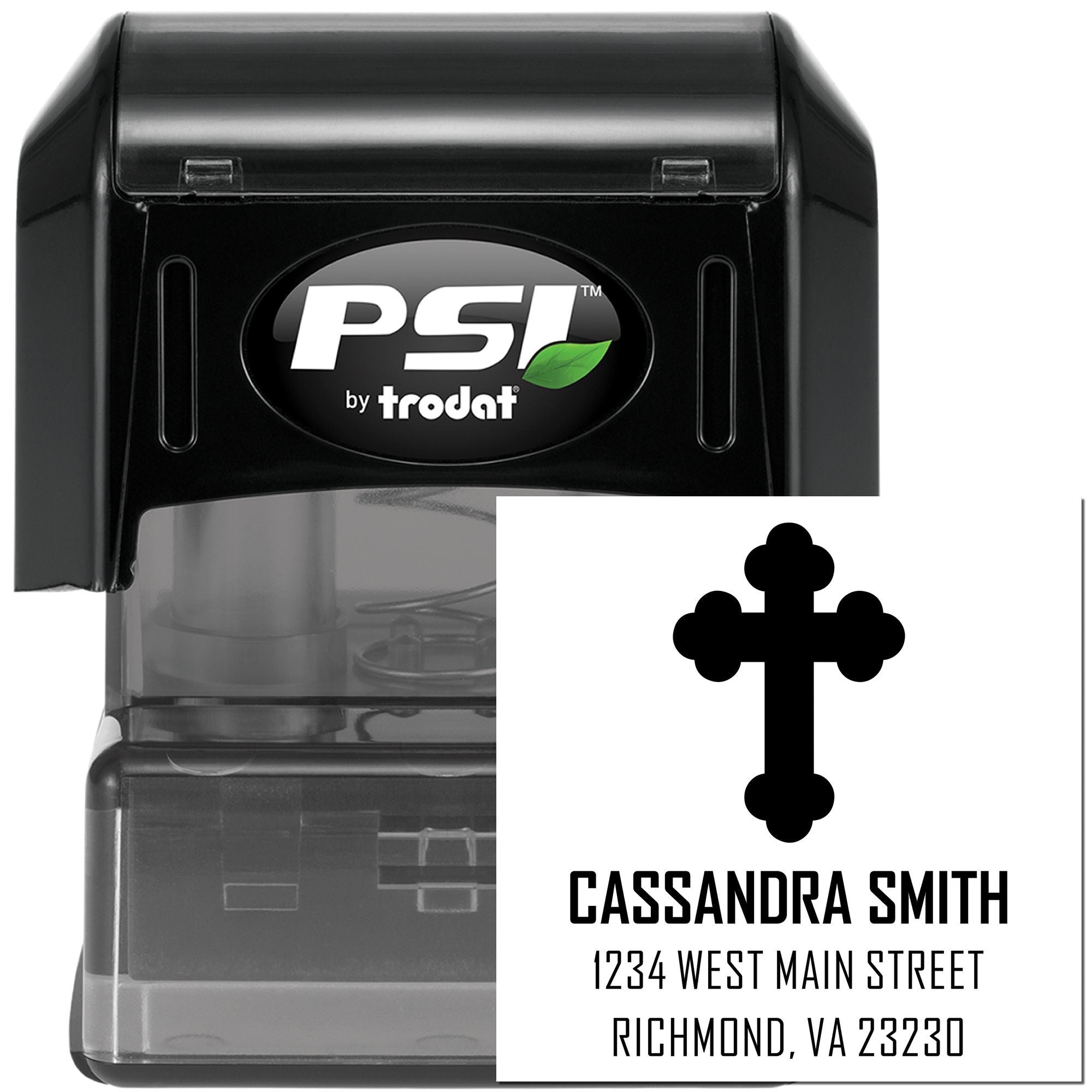 PSI by Trodat self-inking rubber stamp with custom address design for name and return address imprinting.