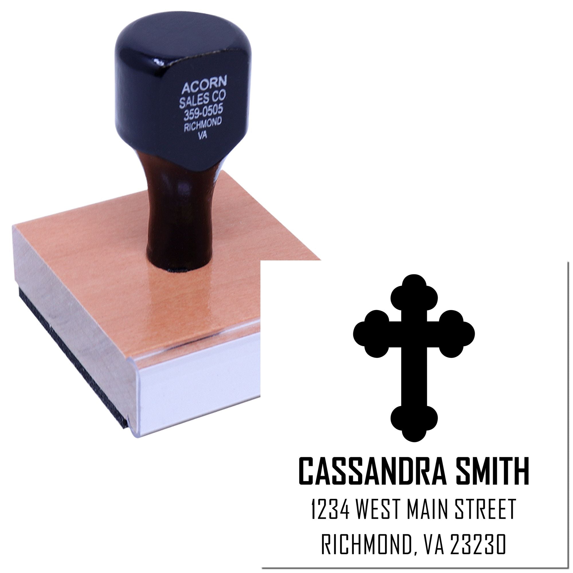 Personalized Christian cross address rubber stamp with name and mailing address imprint.