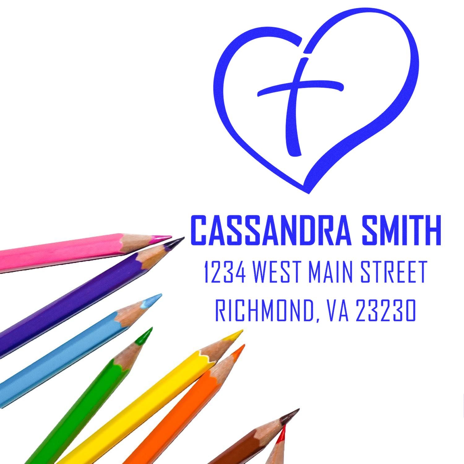 Custom personalized rubber stamp with heart and cross logo, Cassandra Smith address in Richmond, VA, for mailing and stationery.