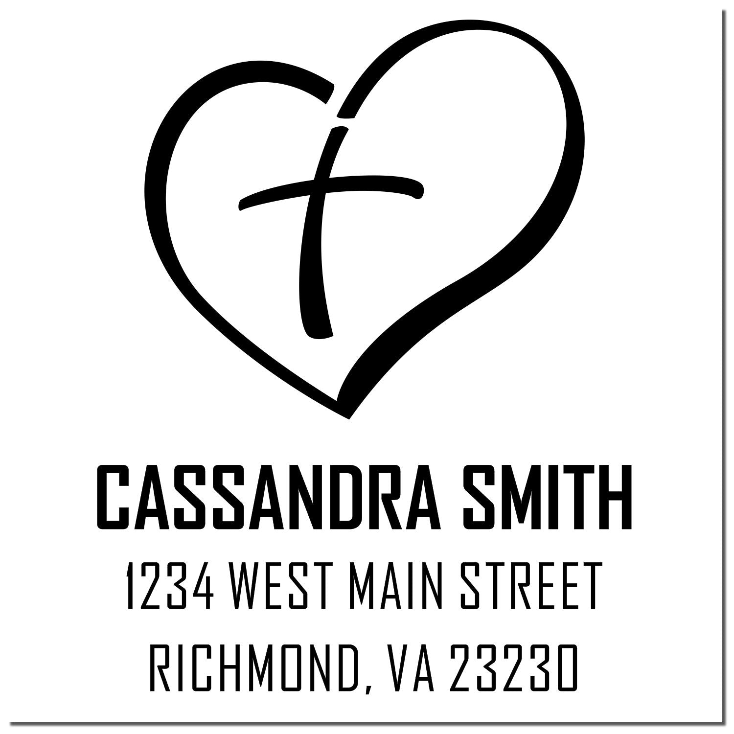 Christian heart cross return address rubber stamp for Cassandra Smith, 1234 West Main Street, Richmond, VA 23230