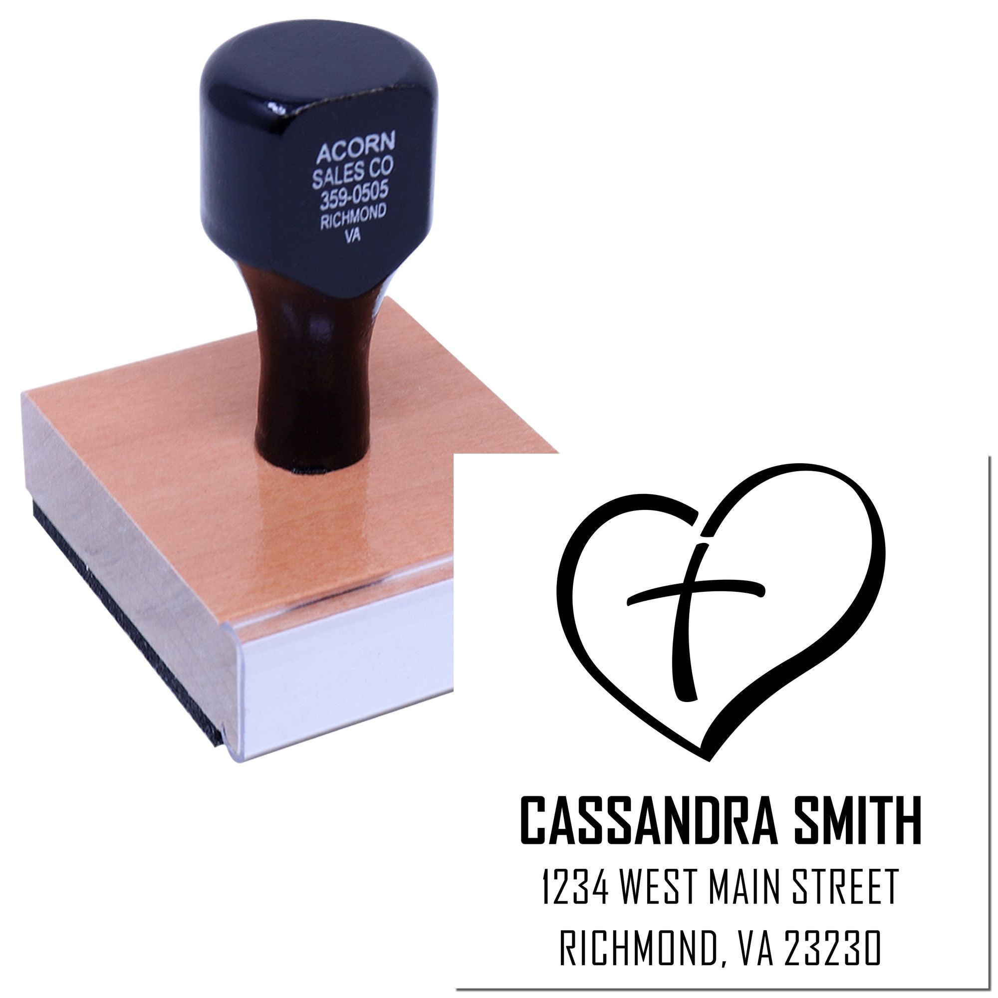 Personalized return address rubber stamp with heart design, custom name, street, and Richmond, VA imprint.