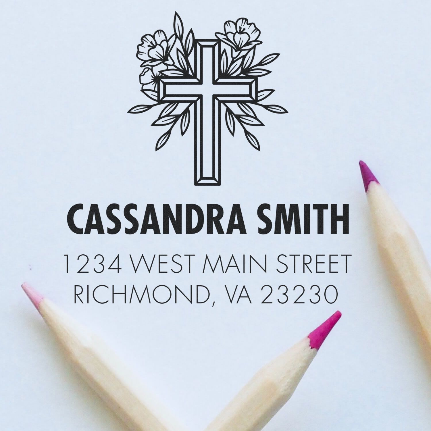 Custom floral cross return address rubber stamp for Cassandra Smith, Richmond, VA.