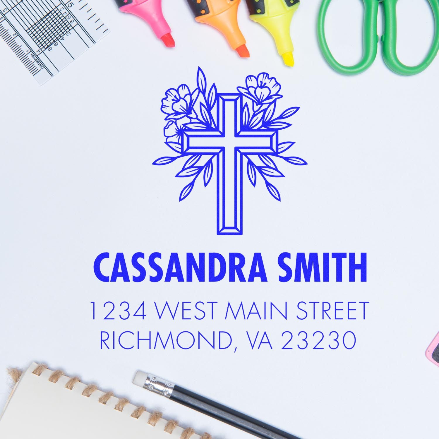 Custom rubber stamp design with floral cross, Cassandra Smith name, and address for personalized Christian address stamping.