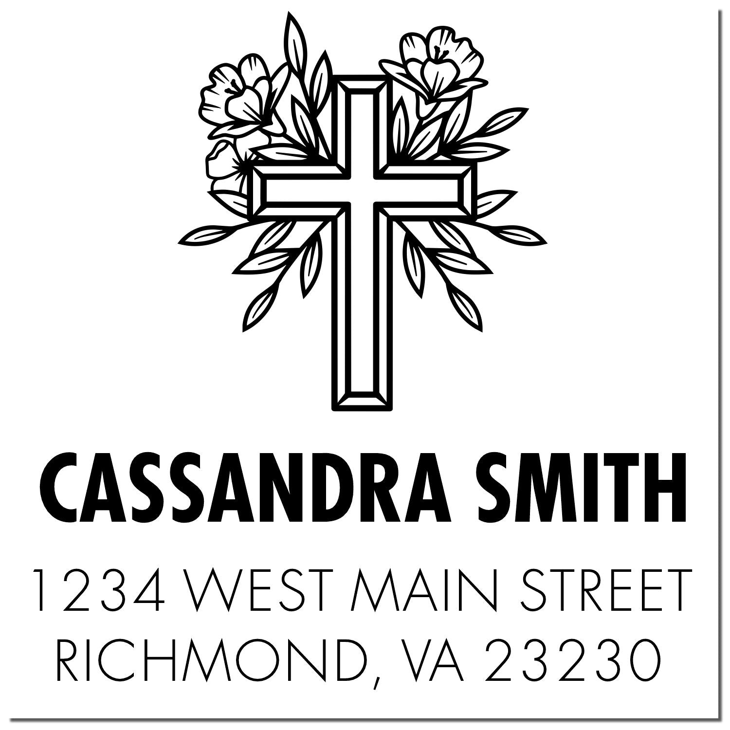 Custom floral cross rubber stamp for Cassandra Smith, 1234 West Main Street, Richmond, VA 23230.