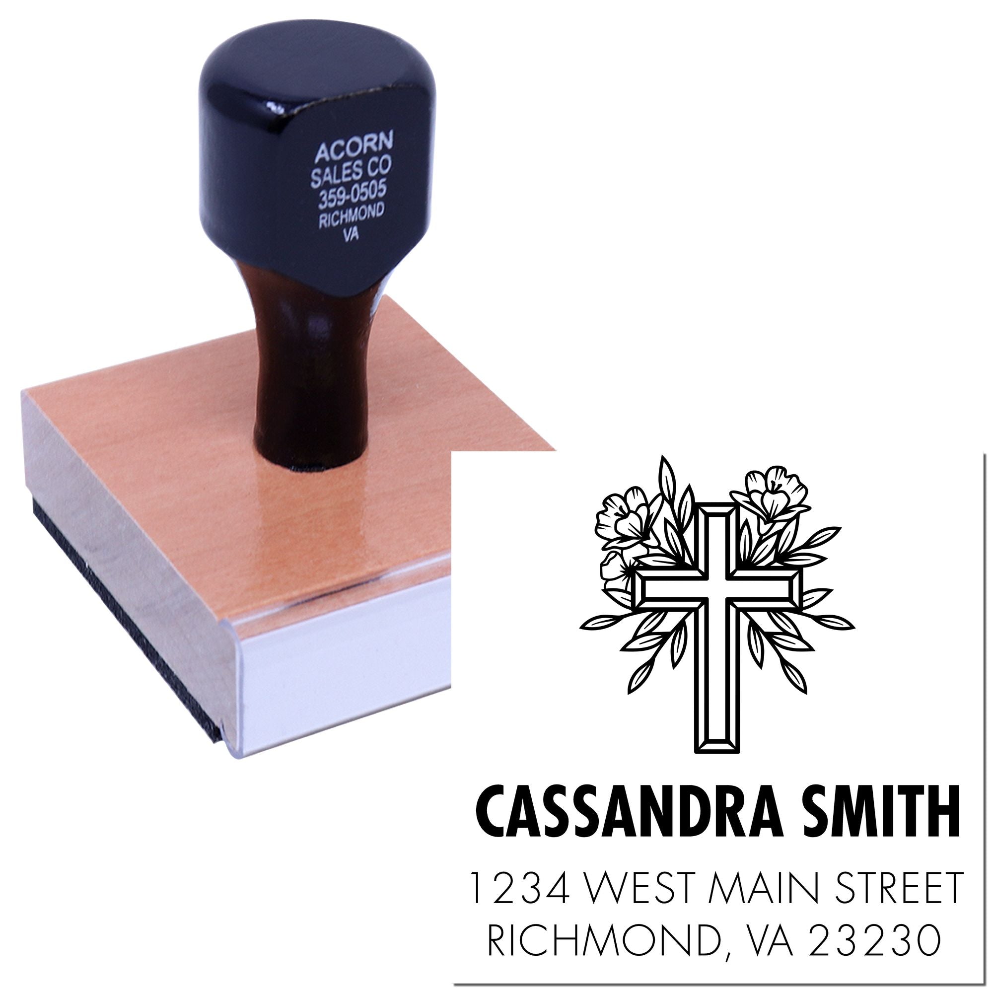 Custom address rubber stamp with floral cross design for Cassandra Smith, Richmond, VA.