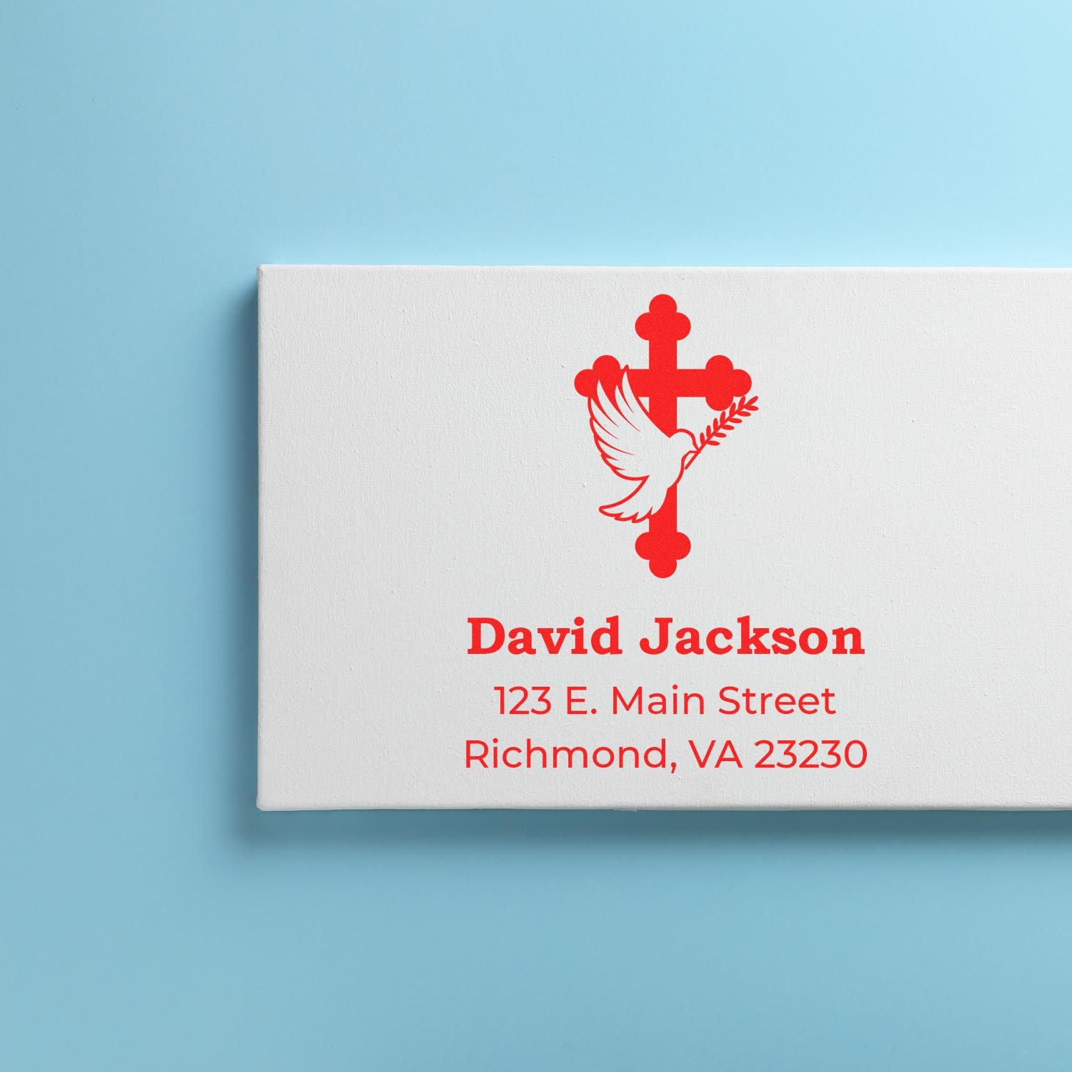 Custom return address rubber stamp with dove and cross design for David Jackson, Richmond VA