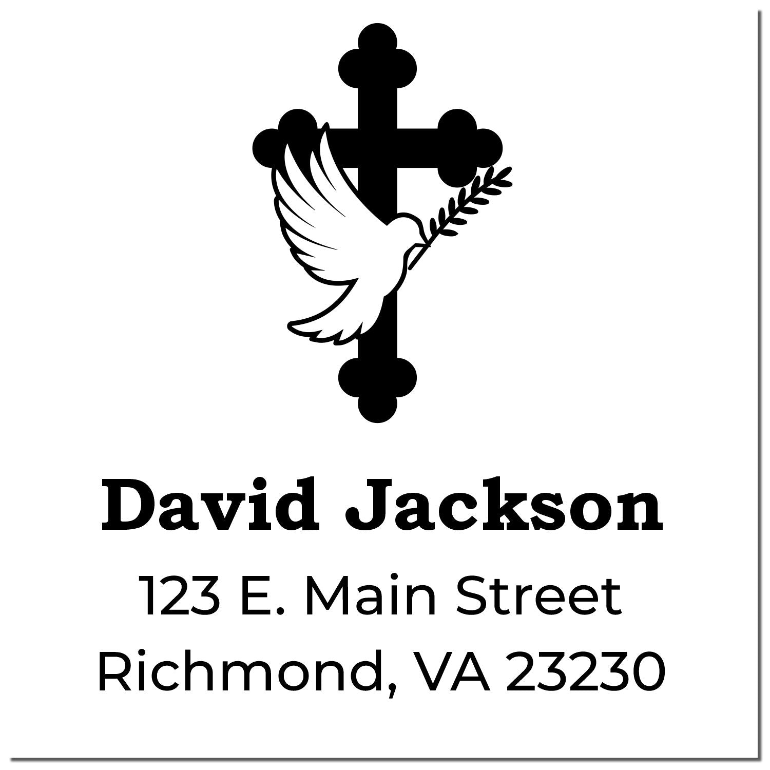 Personalized return address rubber stamp with dove and cross for David Jackson, 123 E. Main Street, Richmond, VA 23230.