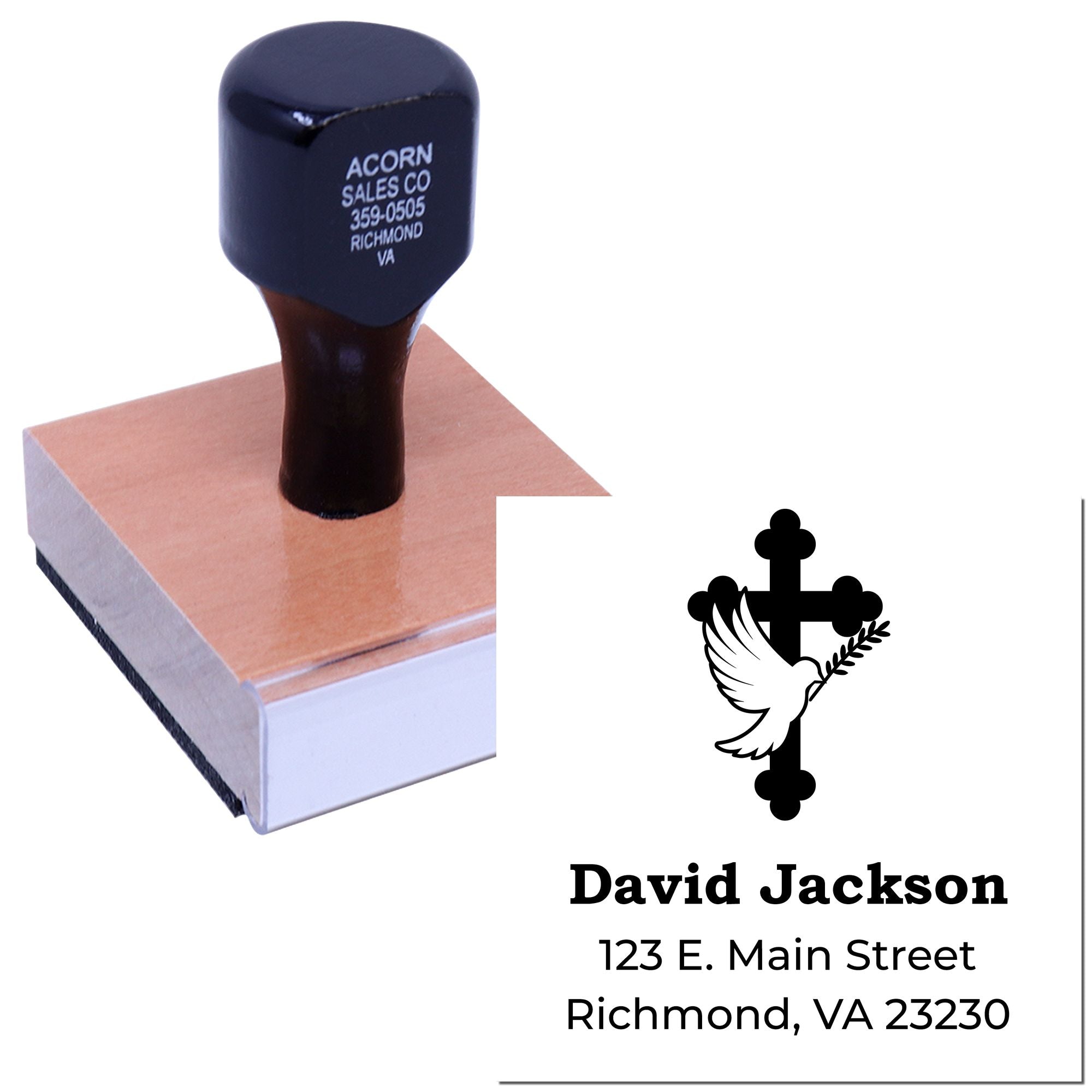 Custom rubber address stamp with cross and dove design for David Jackson, 123 E. Main Street, Richmond, VA 23230.
