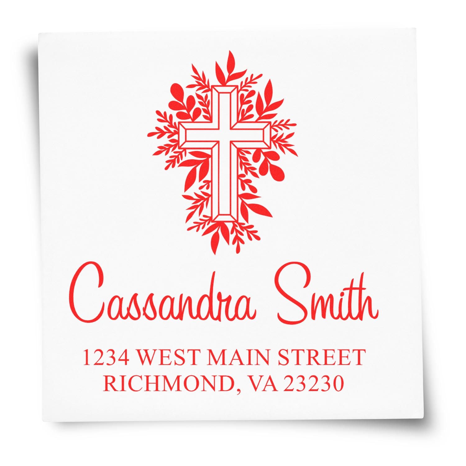 Custom Christian return address rubber stamp with floral cross, Cassandra Smith, and Richmond, VA address.