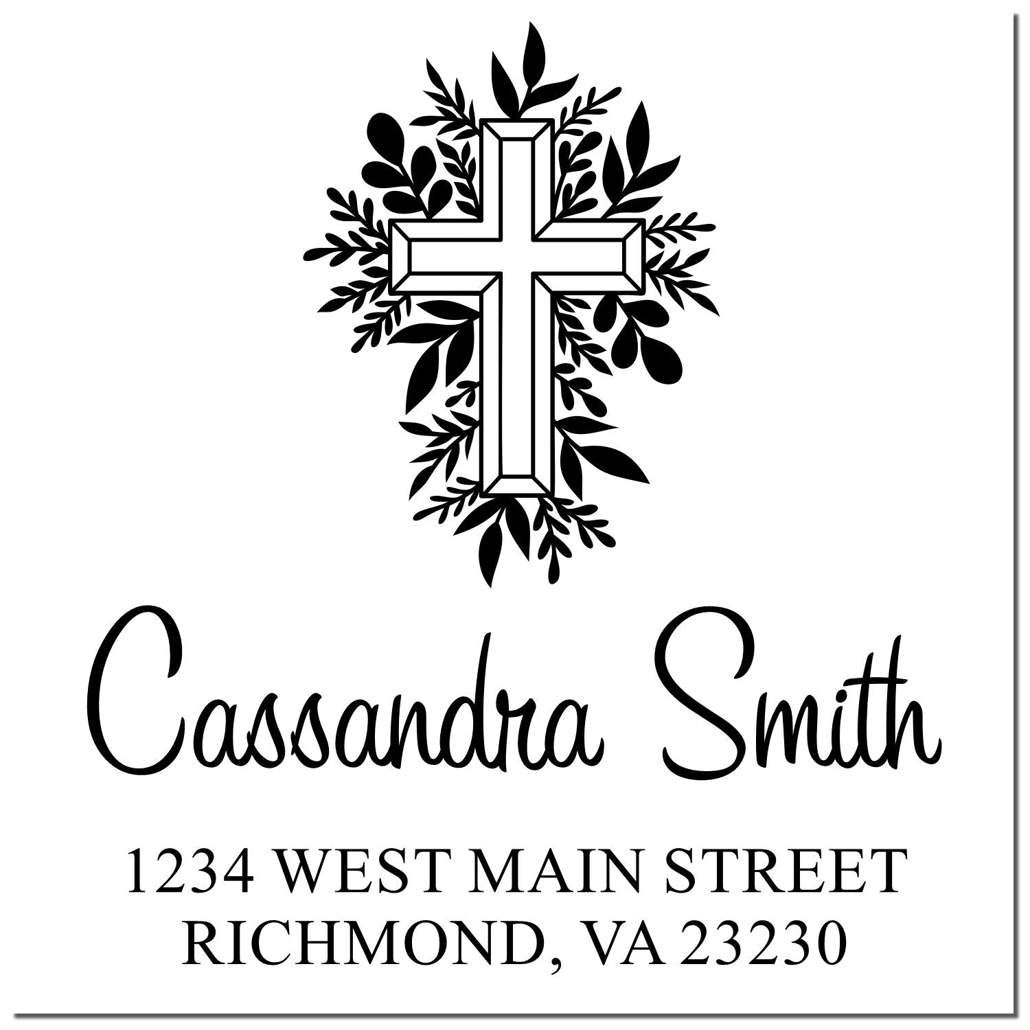 Personalized return address rubber stamp with floral cross, Cassandra Smith, and Richmond, VA 23230.