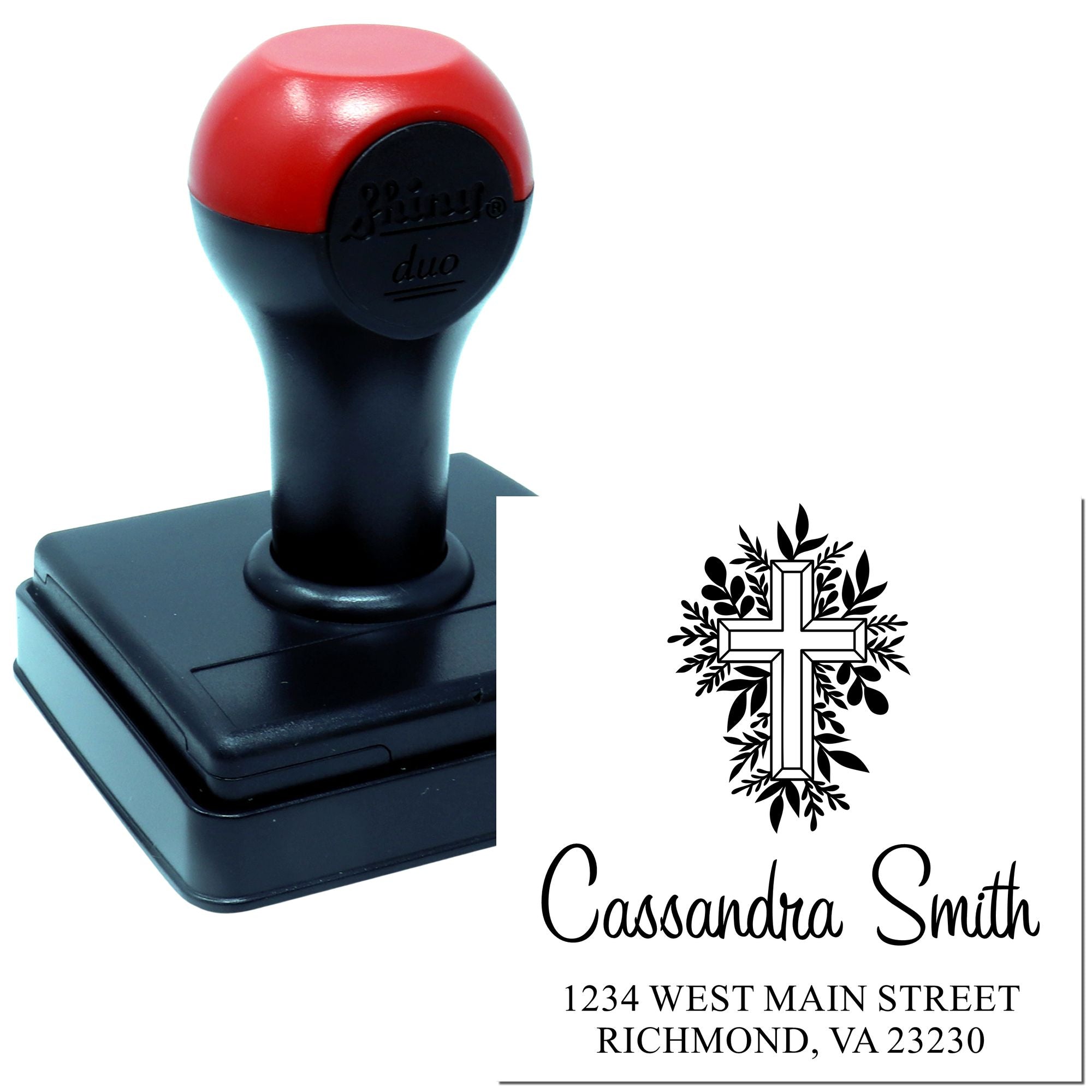 Self-inking custom rubber stamp with cross design for personalized Christian name and address imprint