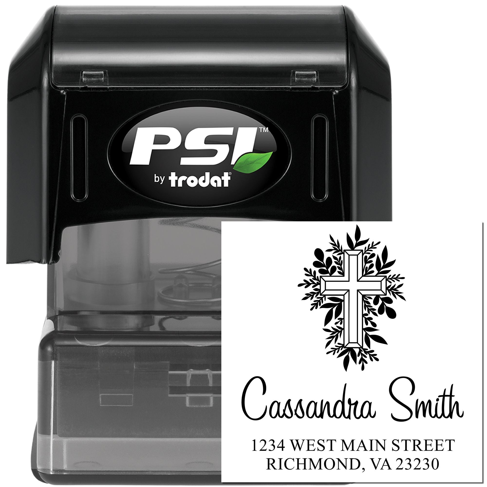 Custom self-inking rubber stamp by PSI Trodat with cross design, Cassandra Smith name, and address imprint.