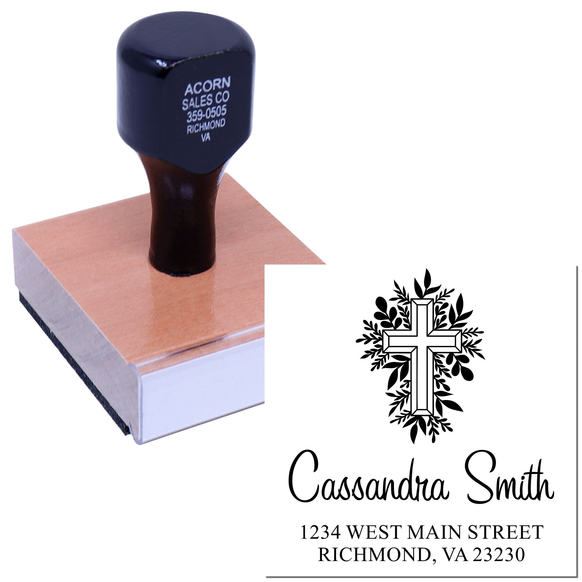 Personalized church return address rubber stamp with cross design for Cassandra Smith, Richmond, VA.