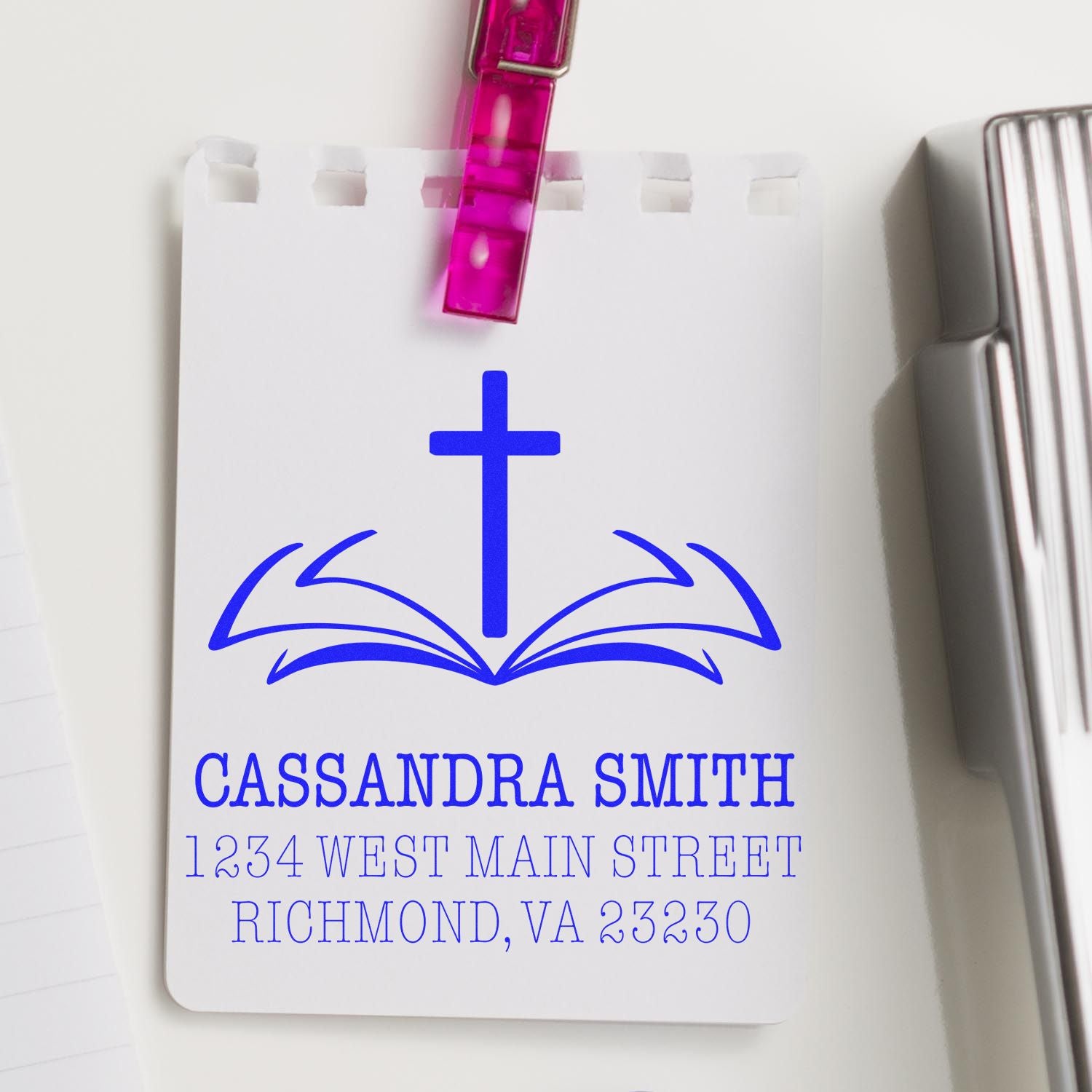 Personalized church return address rubber stamp with cross and open Bible for Cassandra Smith, Richmond, VA.