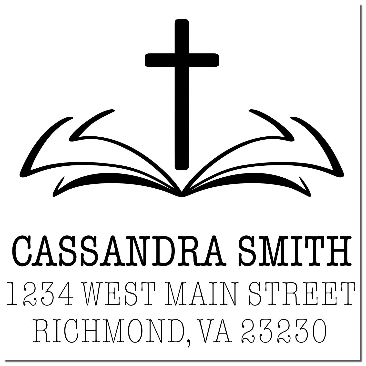 Custom church return address rubber stamp with cross and open Bible design for Cassandra Smith, Richmond, VA 23230
