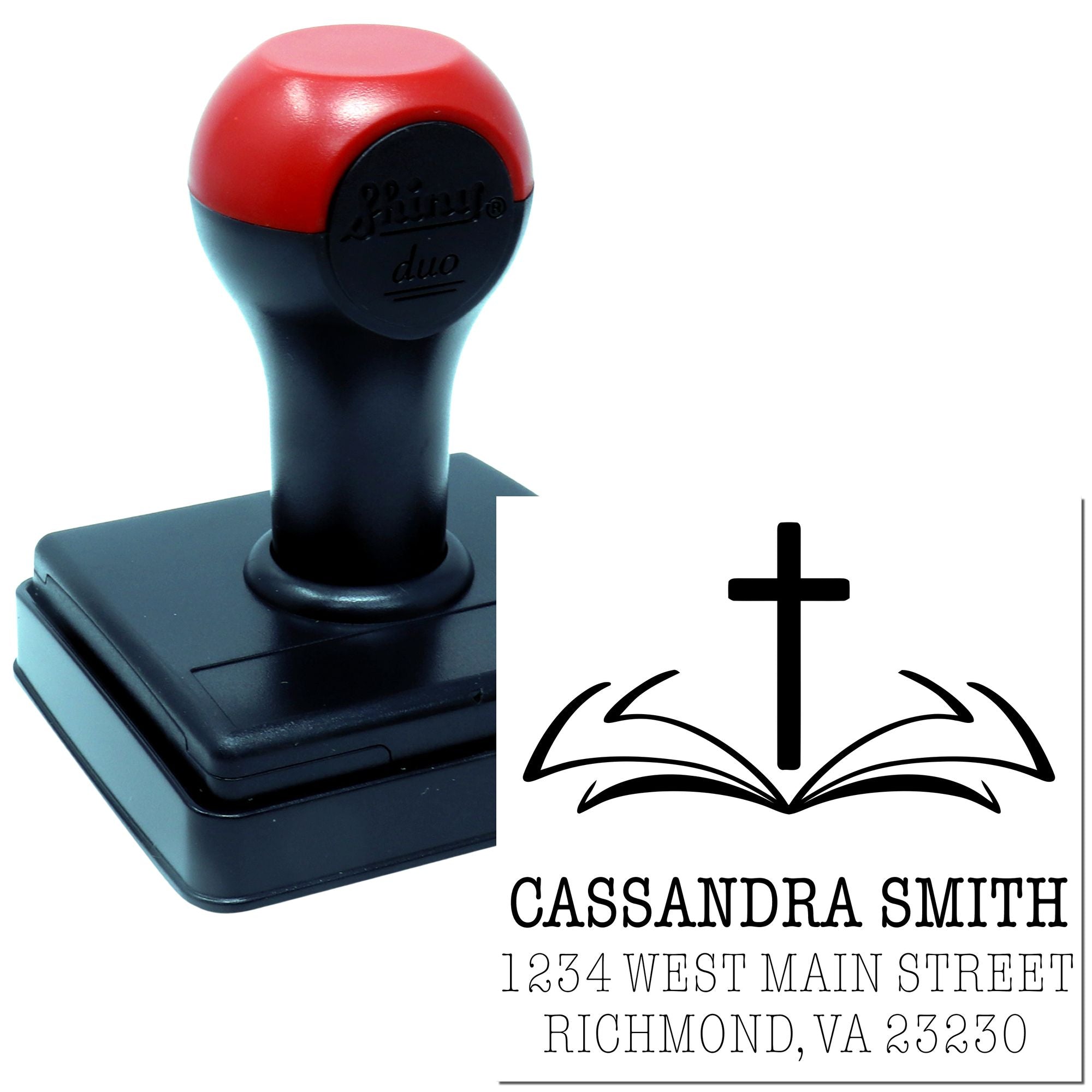 Personalized self-inking rubber address stamp with cross and open Bible design for Christian return mailings.