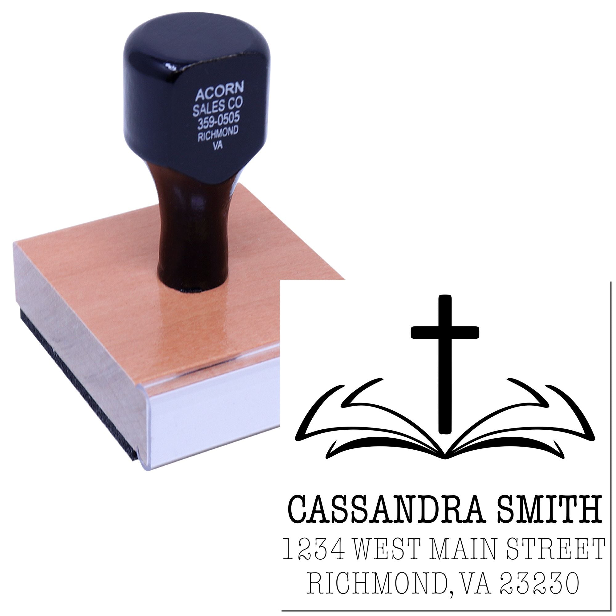 Personalized Christian return address rubber stamp with cross and book logo for envelopes and stationery.