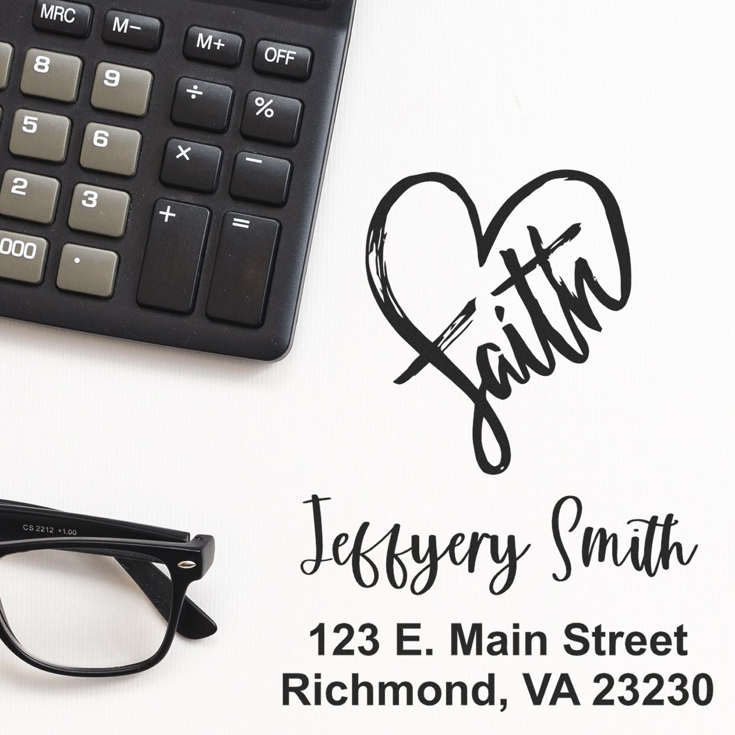 Custom rubber stamp design with heart logo, Jeffery Smith name and Richmond, VA return address for business mailing.