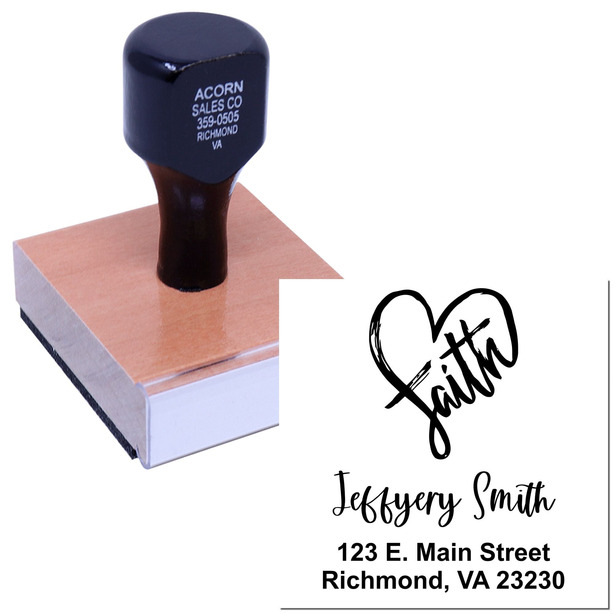 Personalized address rubber stamp with Faith heart logo, Jeffery Smith name, and Richmond, VA address.