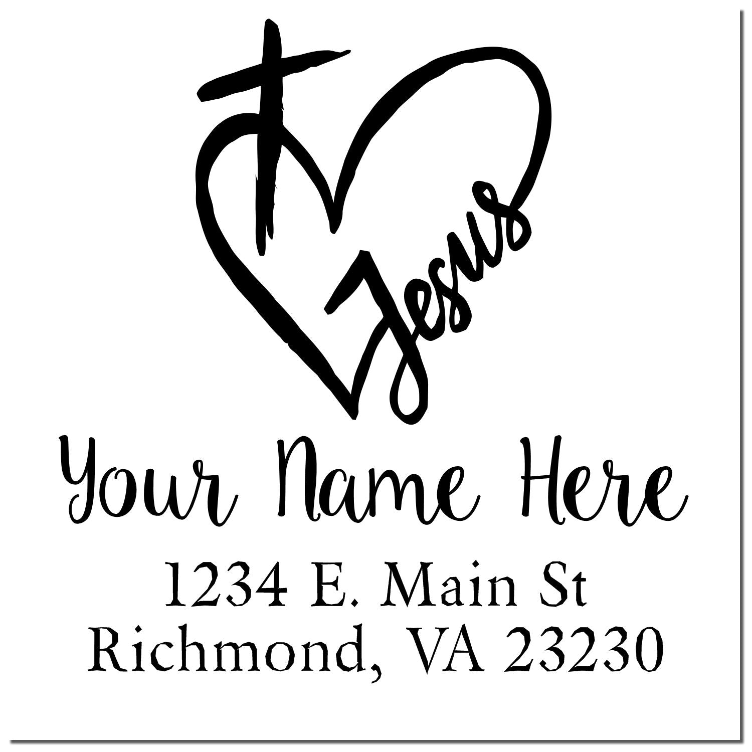 Custom Christian return address rubber stamp with heart and Jesus design, name and address placeholder.