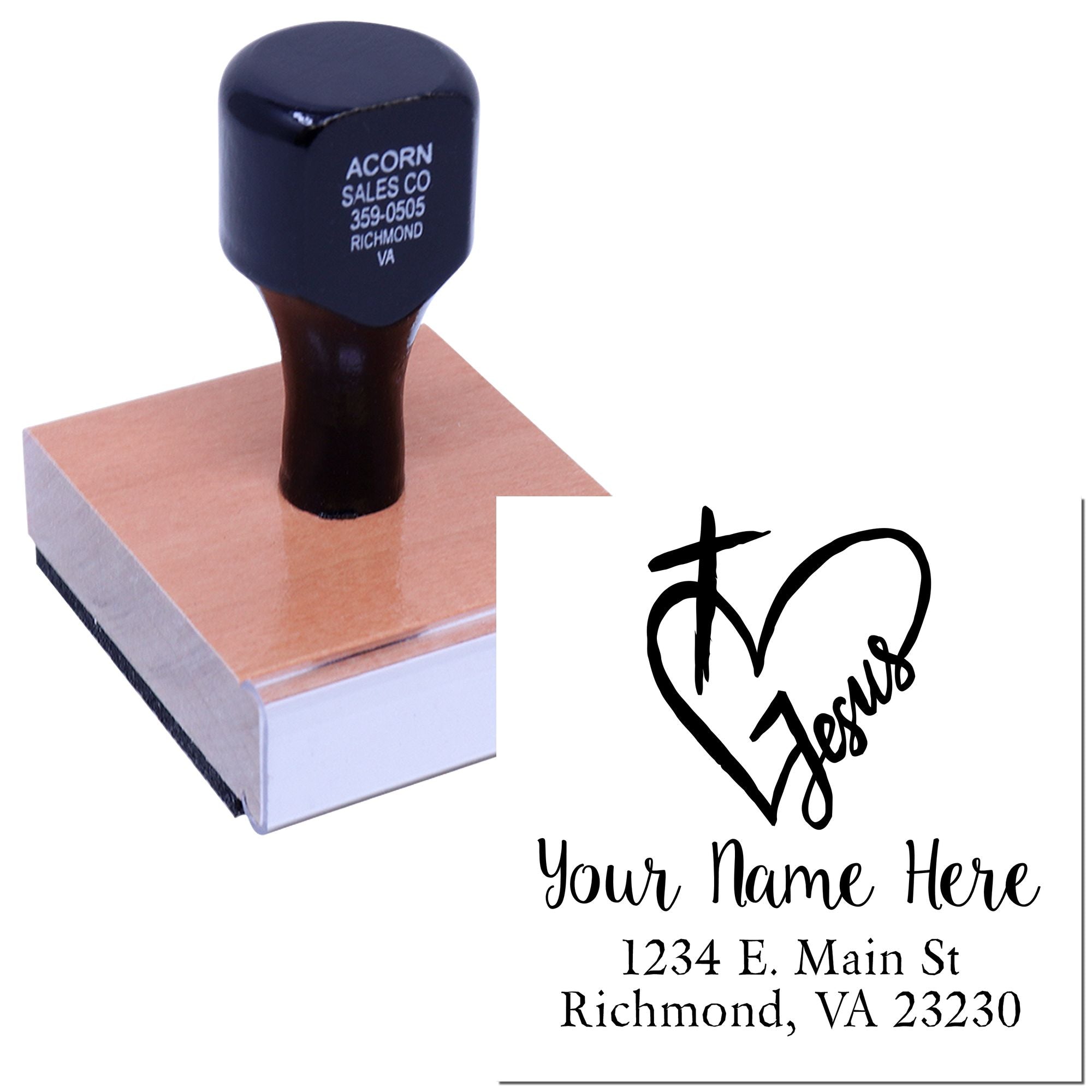 Faith-based custom rubber stamp with I Love Jesus design and personalized name and address imprint